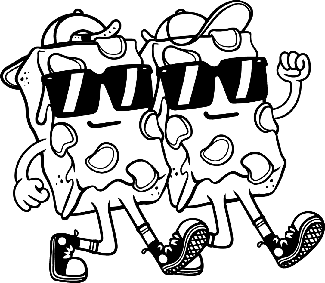 Black and white cartoon of two slices of pizza with arms and legs wearing sunglasses and sneakers, walking together.