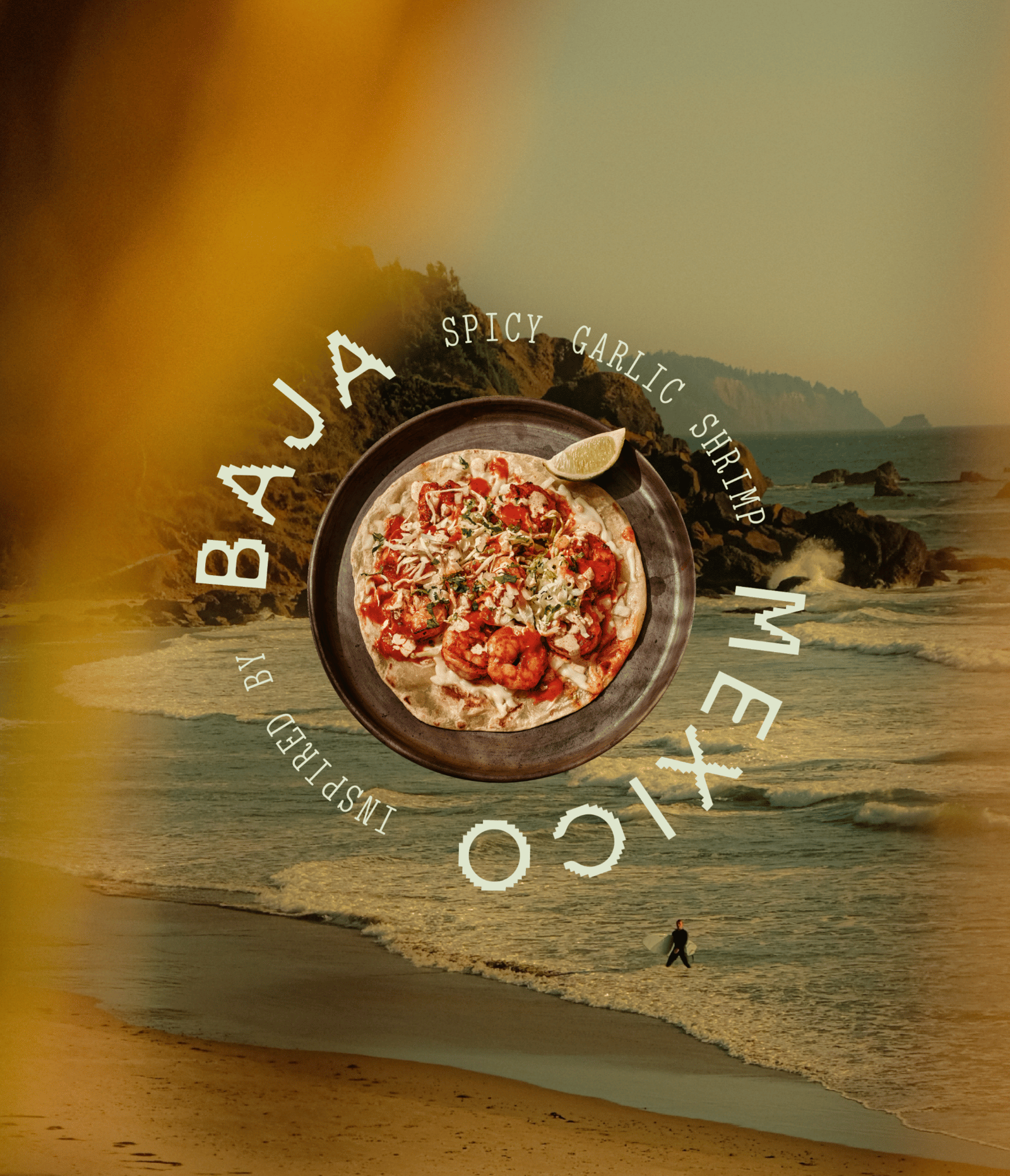 Spicy garlic shrimp taco over a Baja Mexico coastal landscape