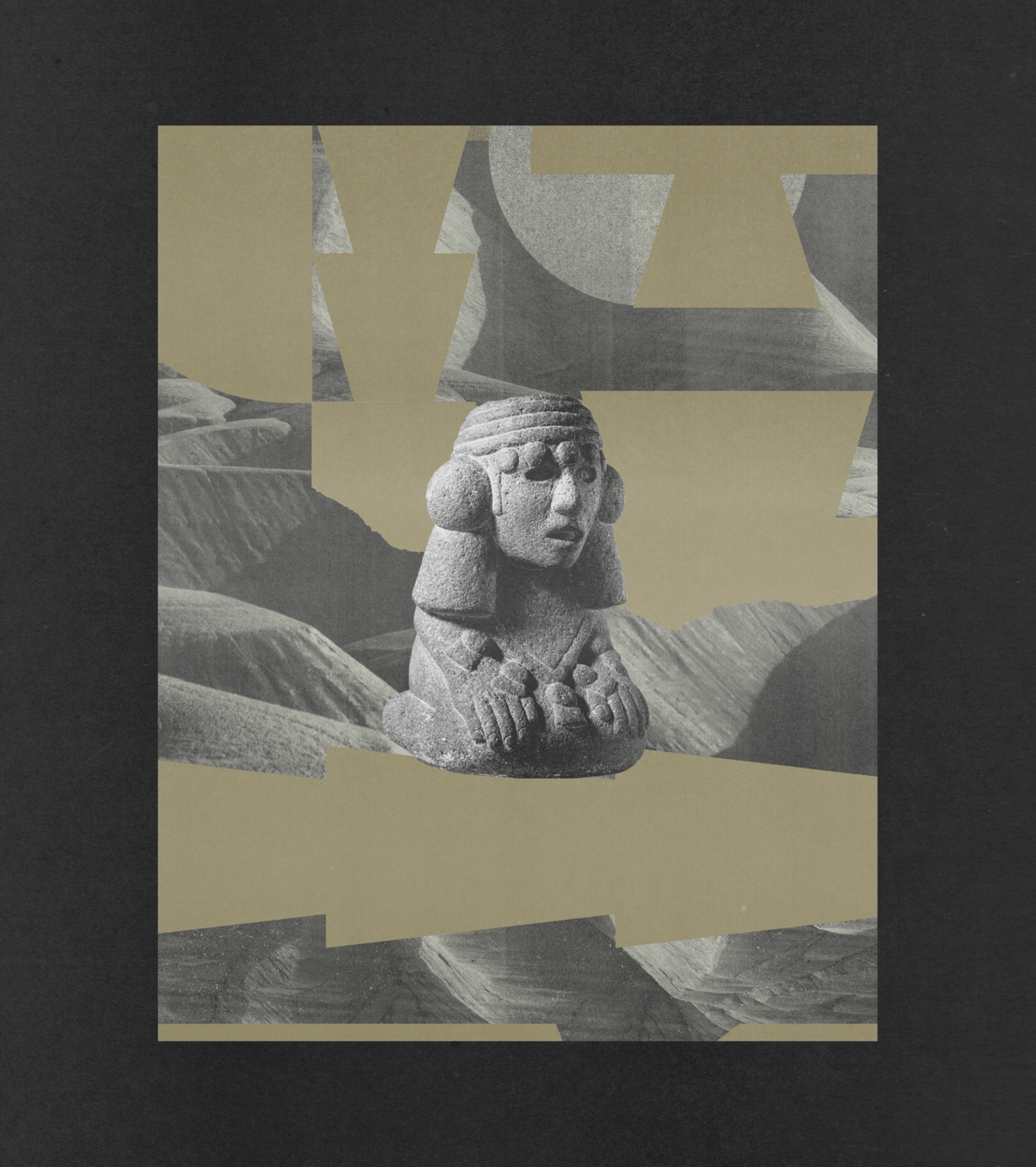 Stone figure in a muted green and charcoal landscape collage