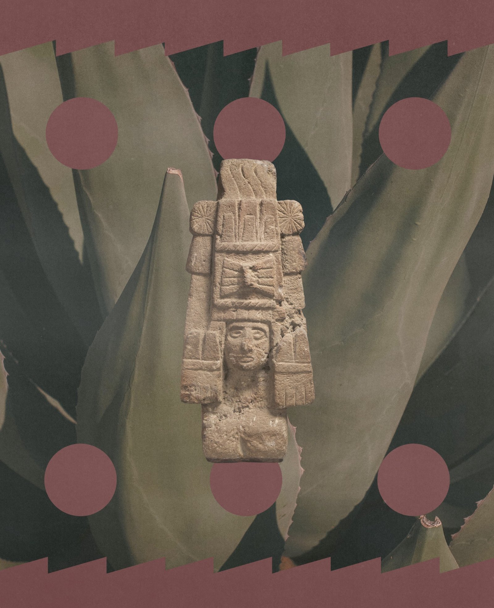 Stone figure against an agave collage with terracotta circles