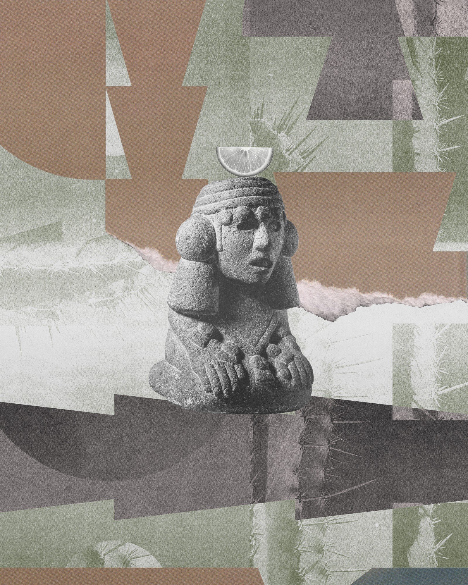 Stone figure with a lime wedge above its head against a textured LOQUI collage