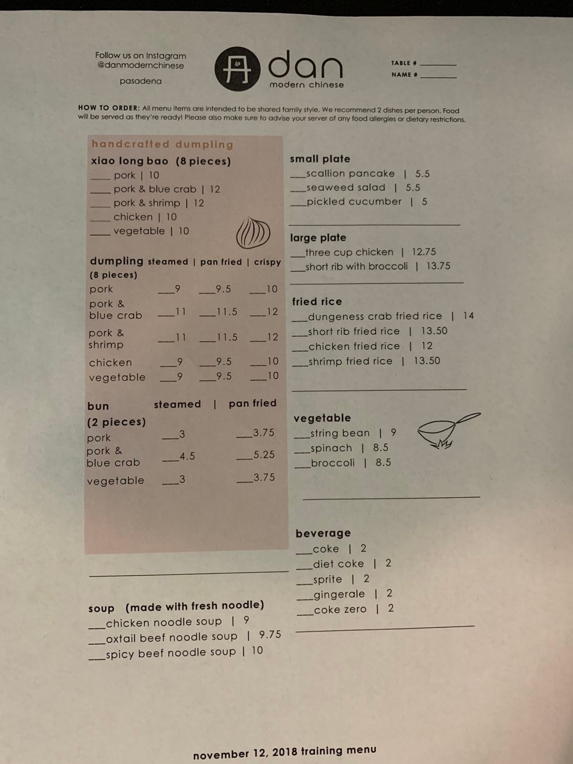 A training menu (prices subject to change) at Dan in Pasadena, CA.