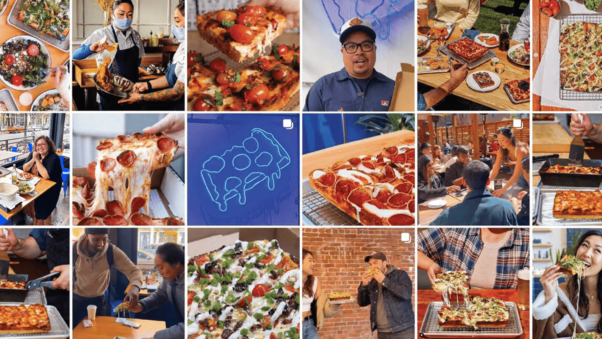 Various scenes of people enjoying pizza at a restaurant and outdoors.