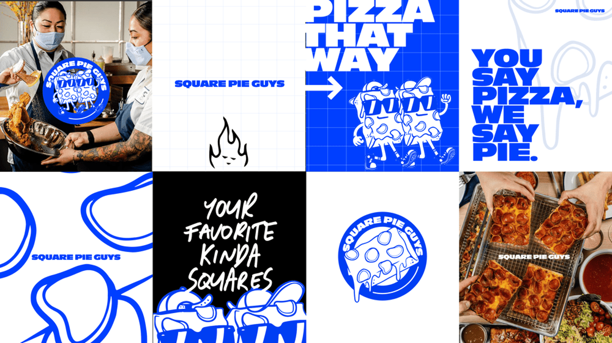 A collage of images and graphics for Square Pie Guys branding.