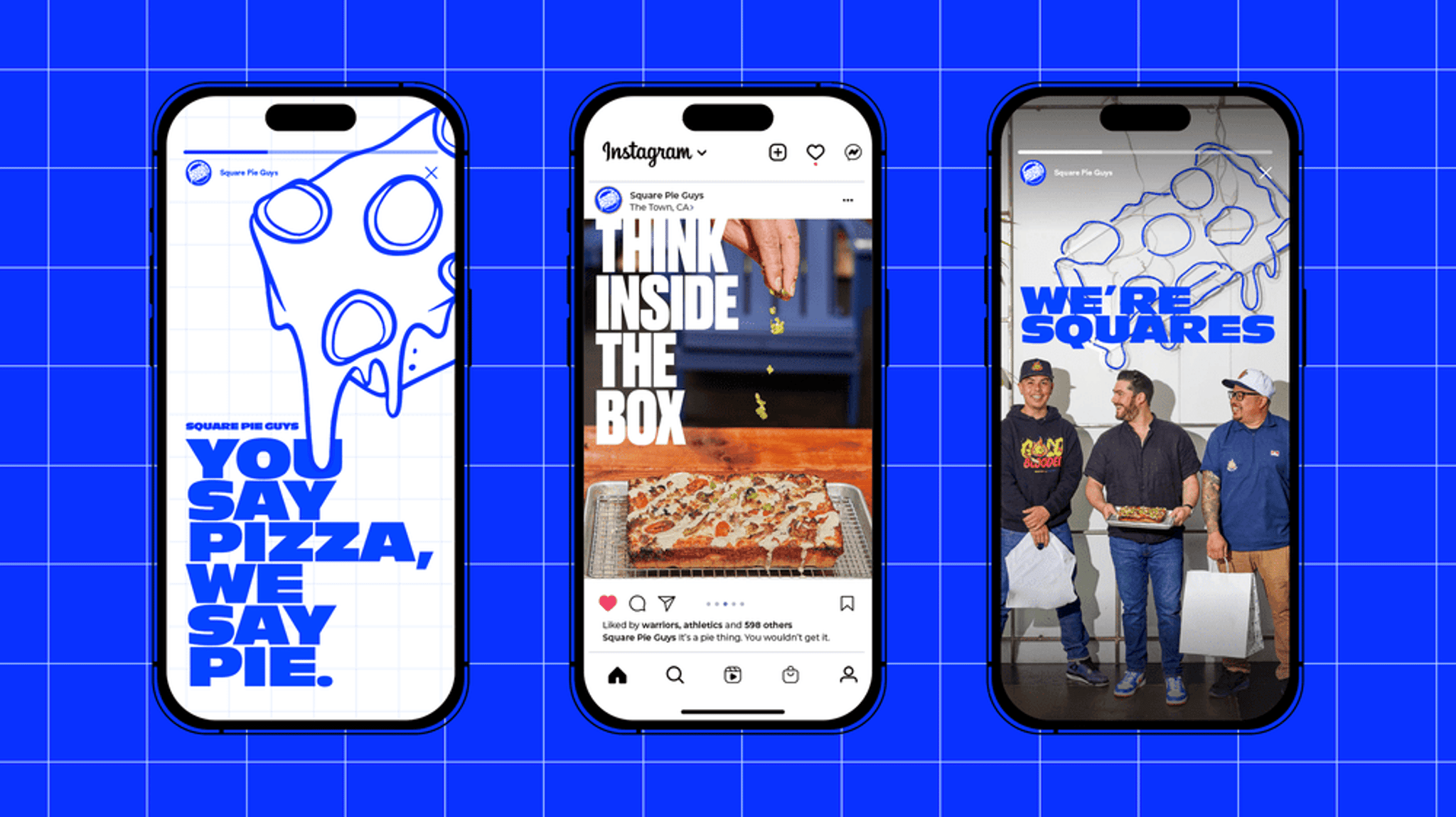 Three smartphones displaying social media content for Square Pie Guys.