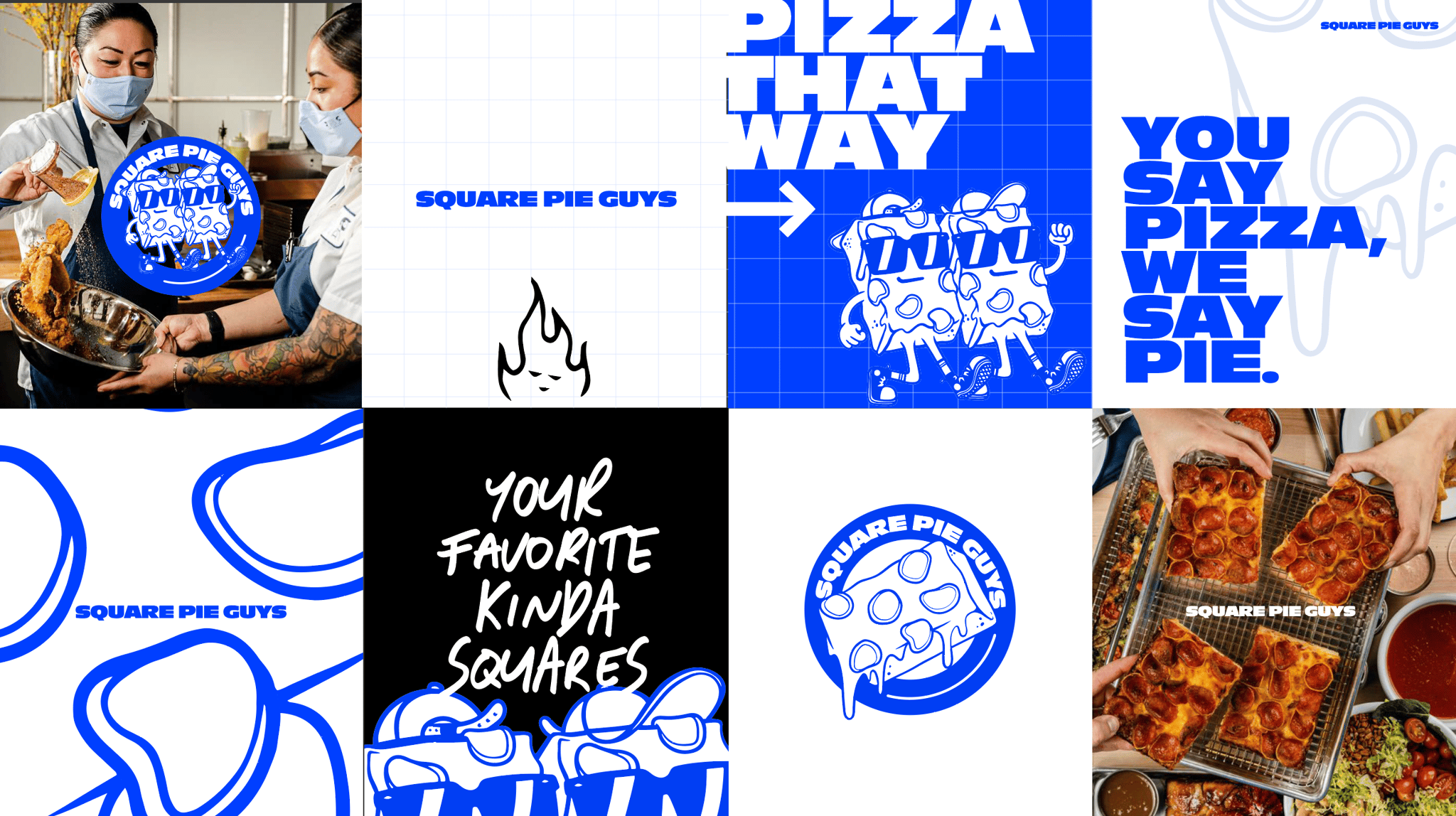 A collage of images and graphics for Square Pie Guys branding.