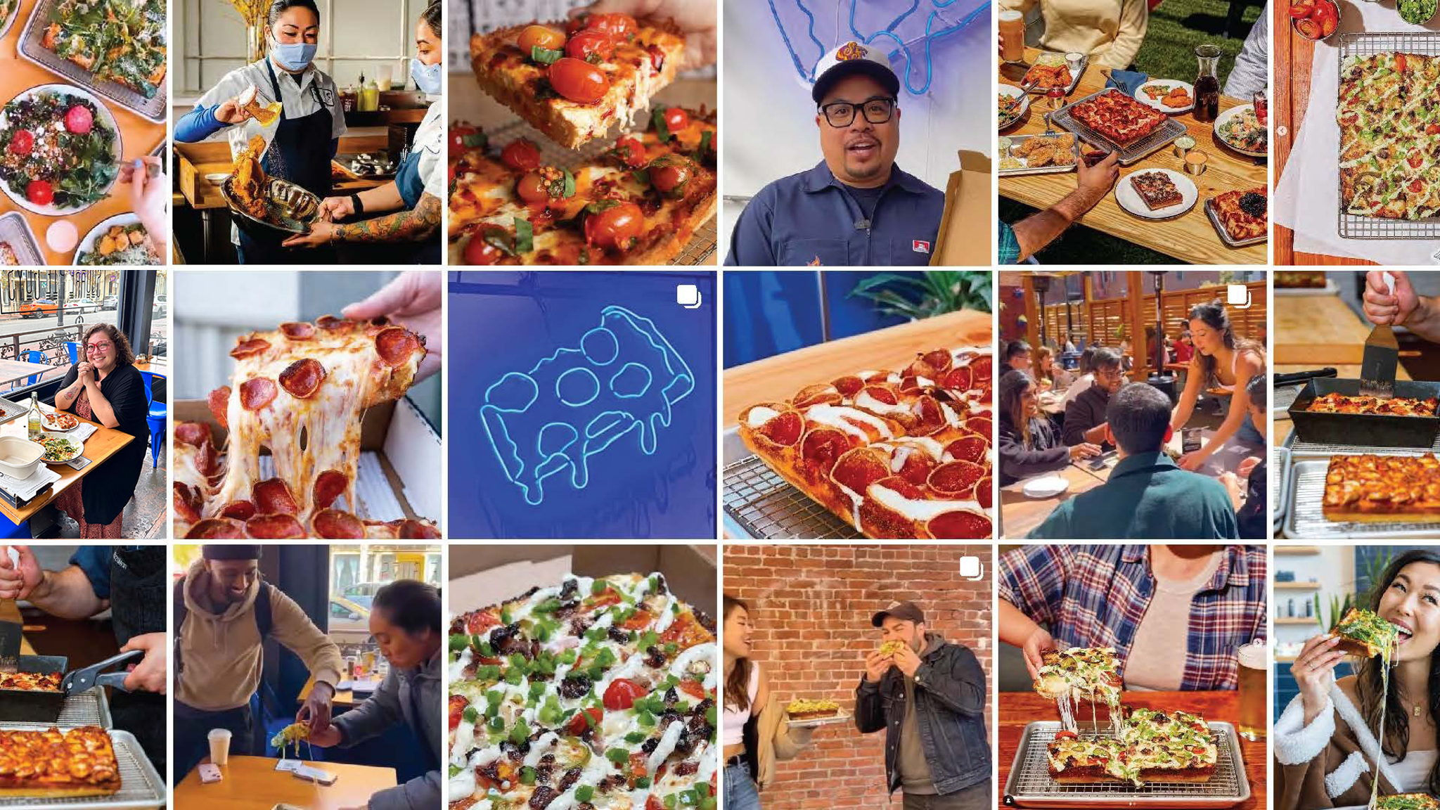 Various scenes of people enjoying pizza at a restaurant and outdoors.