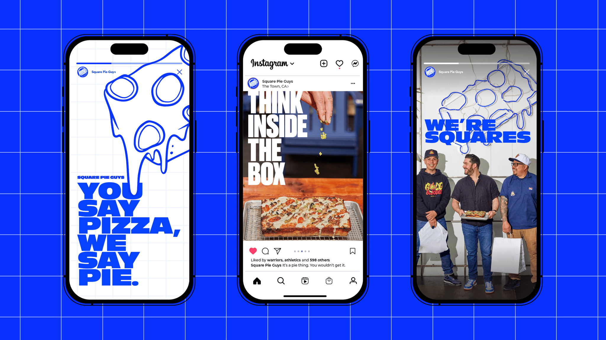 Three smartphones displaying social media content for Square Pie Guys.