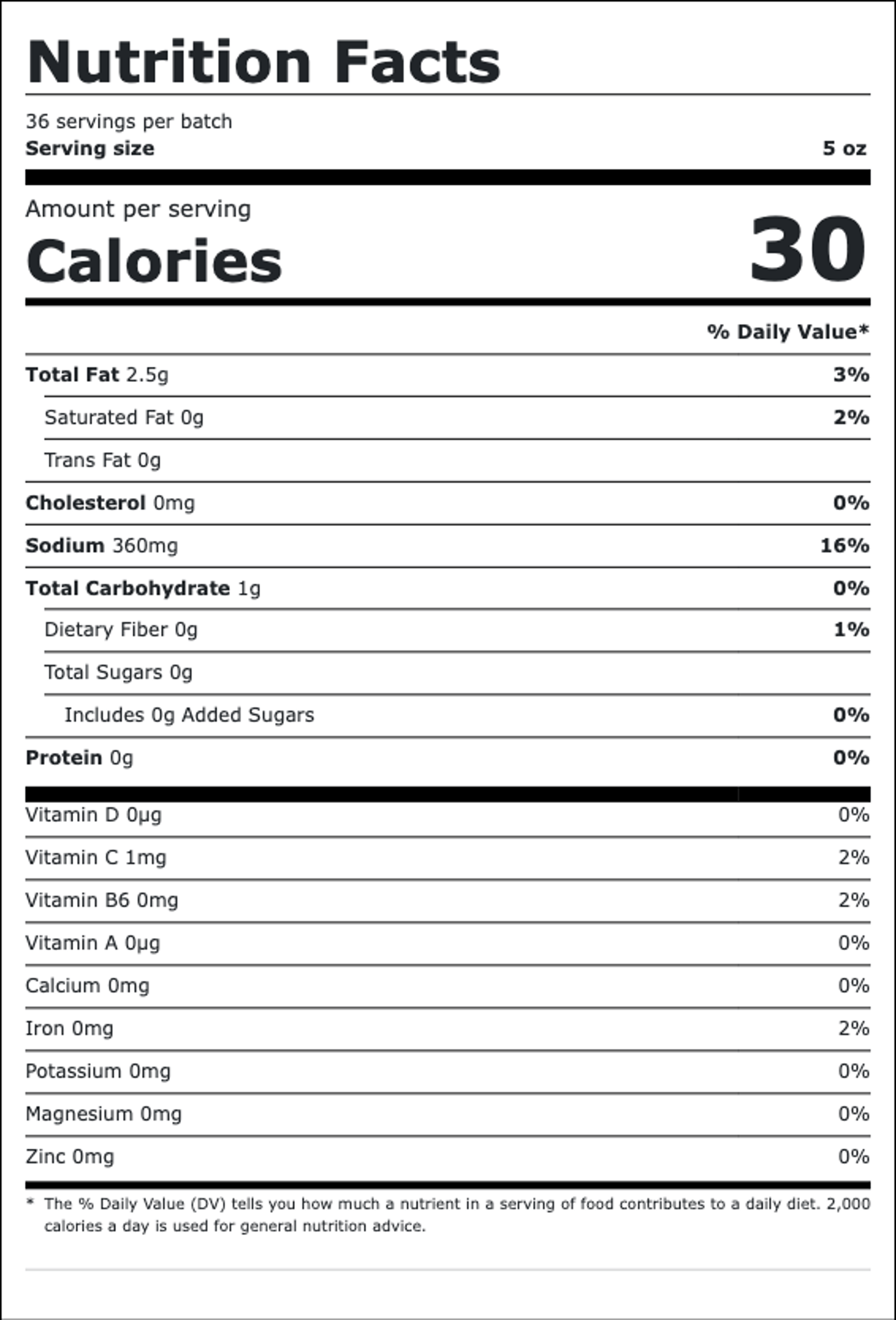 Nutrition facts for BBQ Chicken: 30 calories per serving, 36 servings per batch, serving size 5 oz. Total fat 2.5g, saturated fat 0g, cholesterol 0mg, sodium 360mg, total carbohydrate 1g, protein 0g.