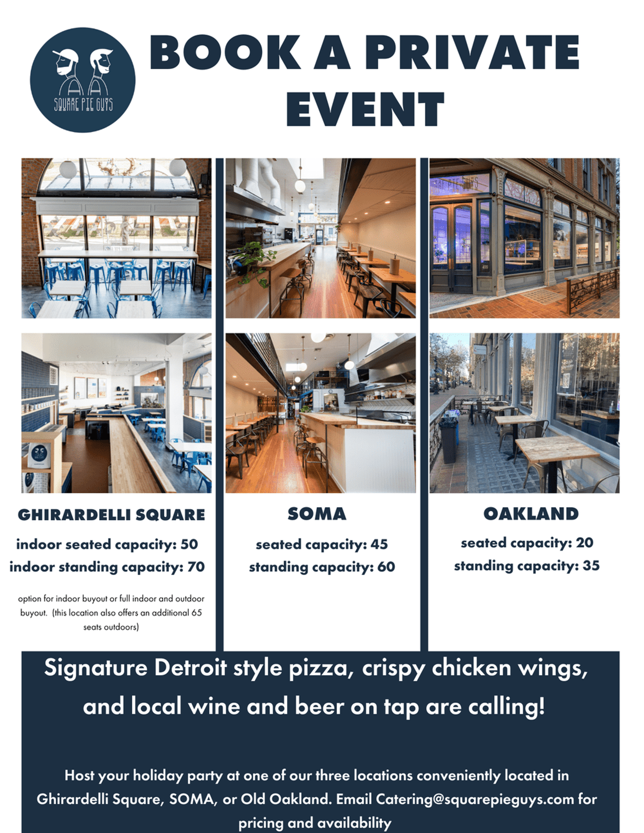 Flyer for Square Pie Guys' private event booking, featuring images of interior spaces at Ghirardelli Square, Soma, and Old Oakland, with seating capacities and contact information.