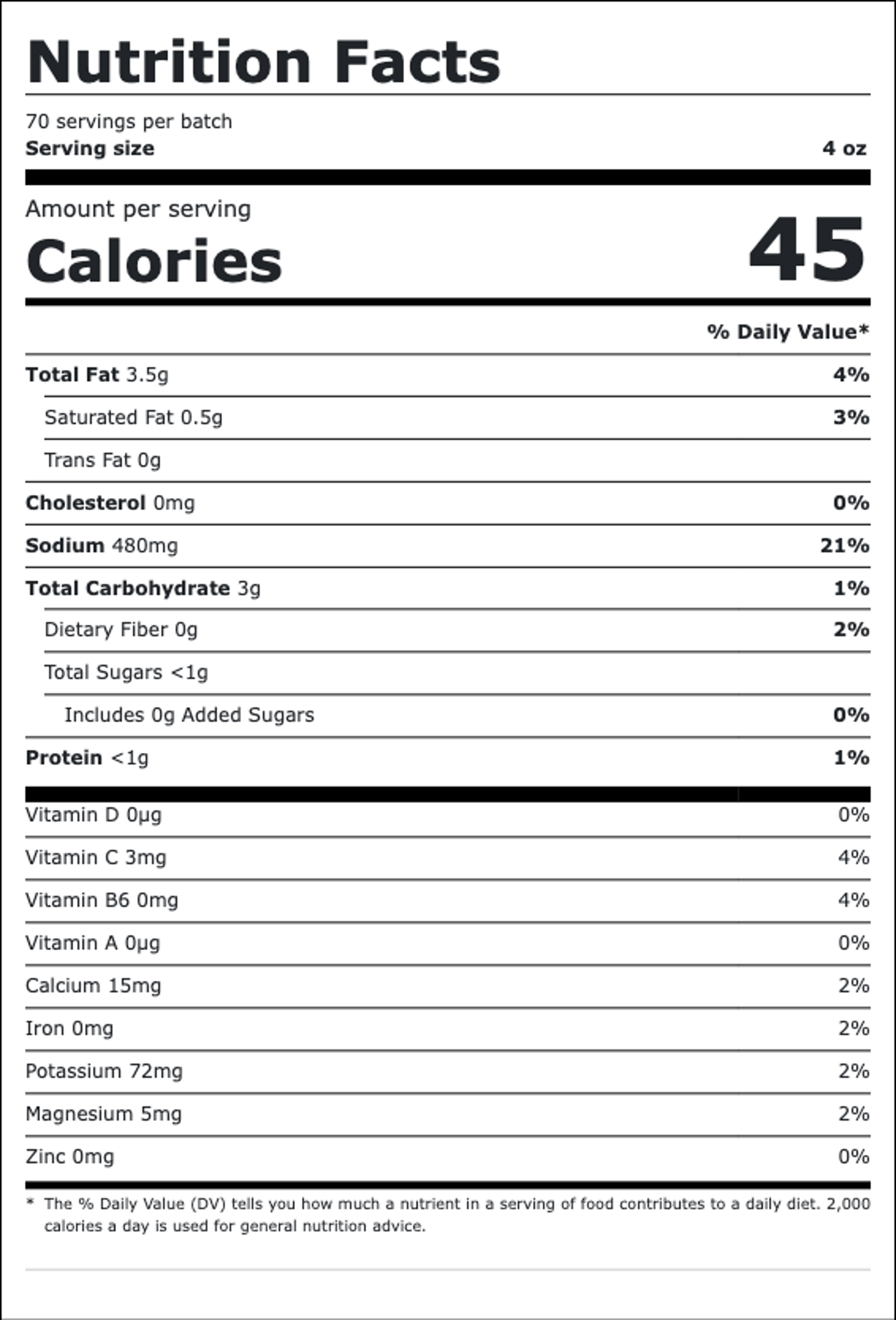 Nutrition facts for Gochujang BBQ Sauce: 45 calories per serving, 70 servings per batch, serving size 4 oz. Total fat 3.5g, saturated fat 0.5g, cholesterol 0mg, sodium 480mg, total carbohydrate 3g, protein less than 1g.