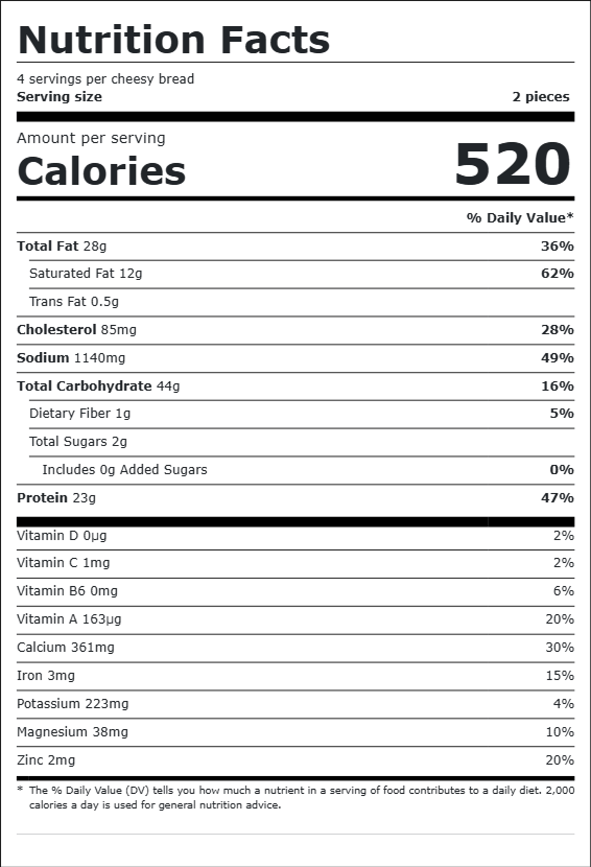 Nutrition facts for Lemon Pepper Chicken Pizza: 520 calories per serving, 4 servings, serving size 2 pieces. Total fat 28g, saturated fat 12g, trans fat 0.5g, cholesterol 85mg, sodium 1140mg, total carbohydrate 44g, protein 23g.