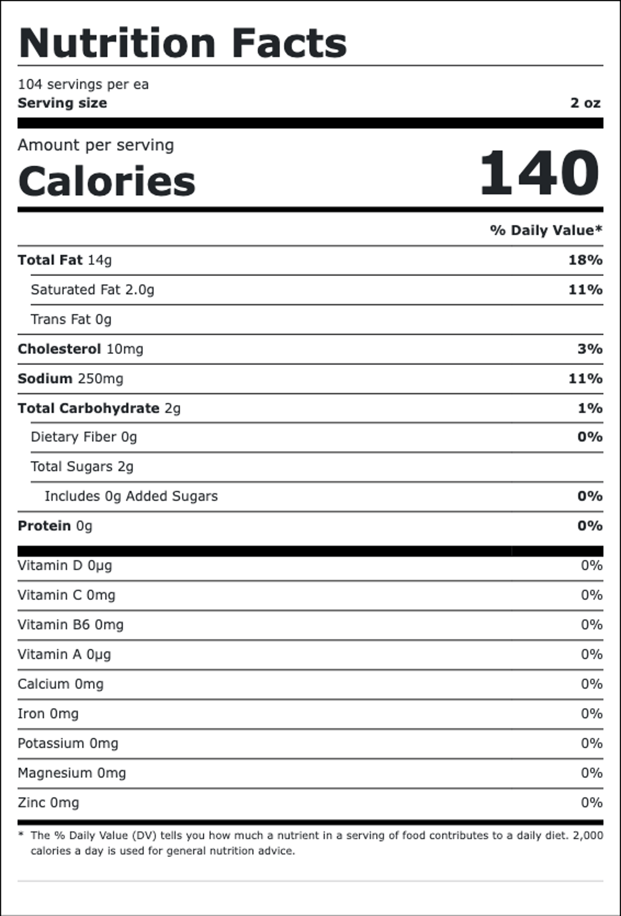 Nutrition facts for Alabama White Sauce: 140 calories per serving, 104 servings per ea, serving size 2 oz. Total fat 14g, saturated fat 2.0g, cholesterol 10mg, sodium 250mg, total carbohydrate 2g, protein 0g.