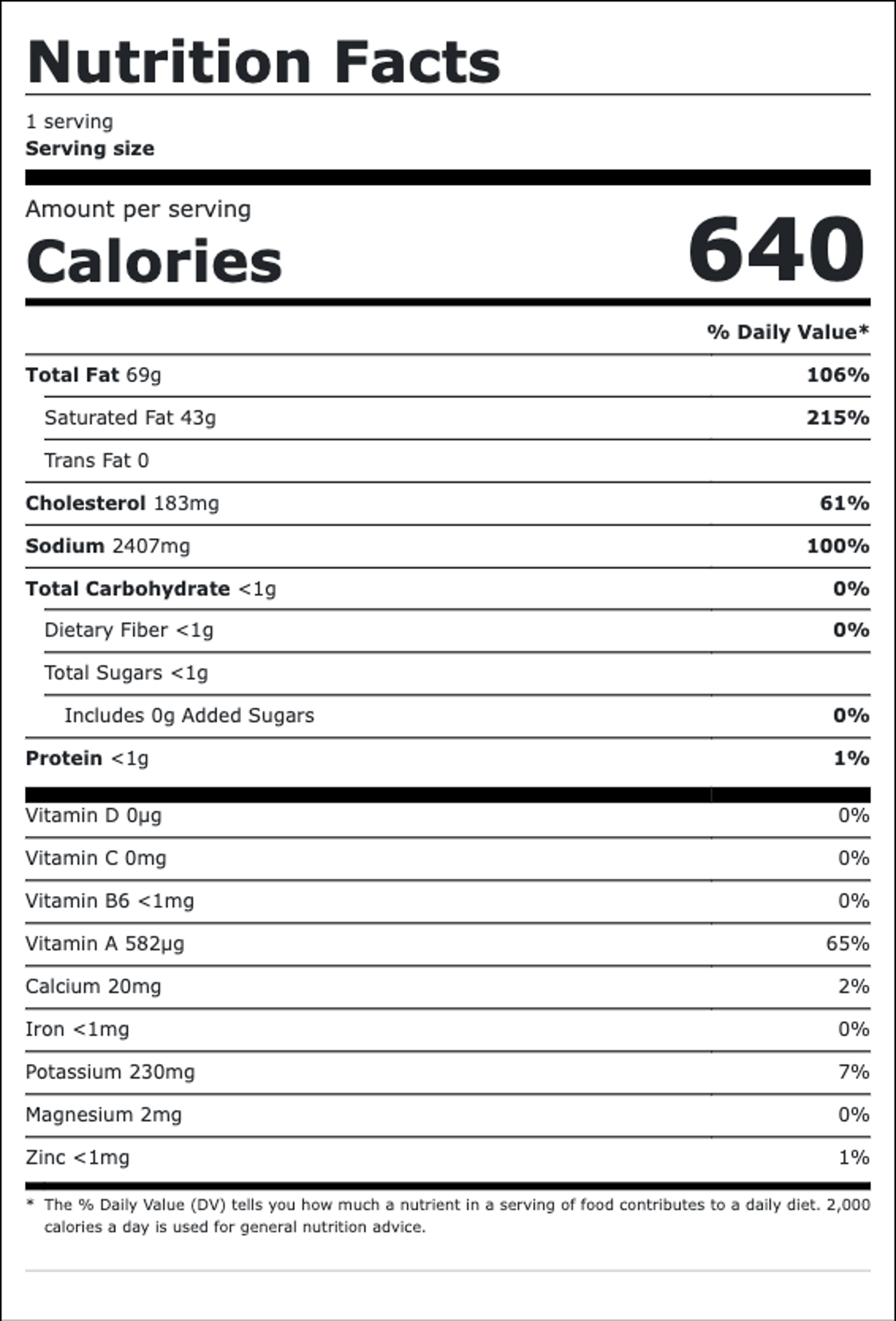 Nutrition facts for Side of Buffalo Sauce: 640 calories per serving, 1 serving. Total fat 69g, saturated fat 43g, cholesterol 183mg, sodium 2407mg, total carbohydrate less than 1g, protein less than 1g.