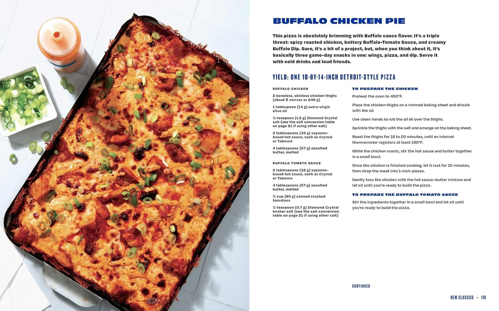 A page spread from the cookbook showing the Buffalo Chicken Pie topped with buffalo chicken and scallions, alongside the recipe.