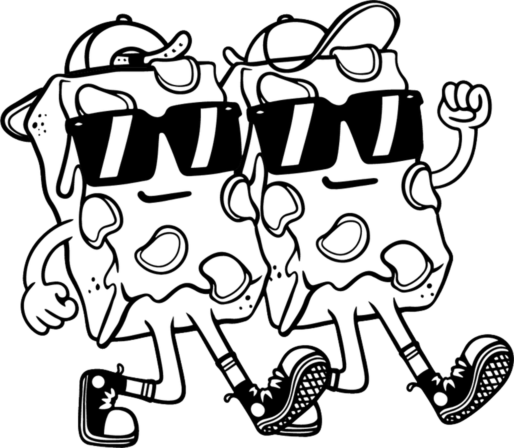 Two cartoon pizza slices walking together