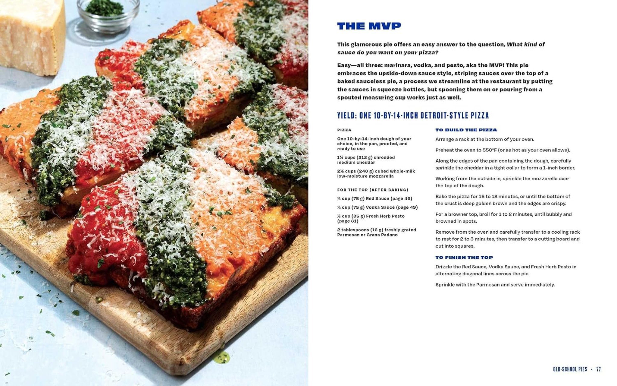 A page spread from the cookbook showing The MVP pizza topped with red sauce, vodka sauce, and pesto stripes, alongside the recipe.