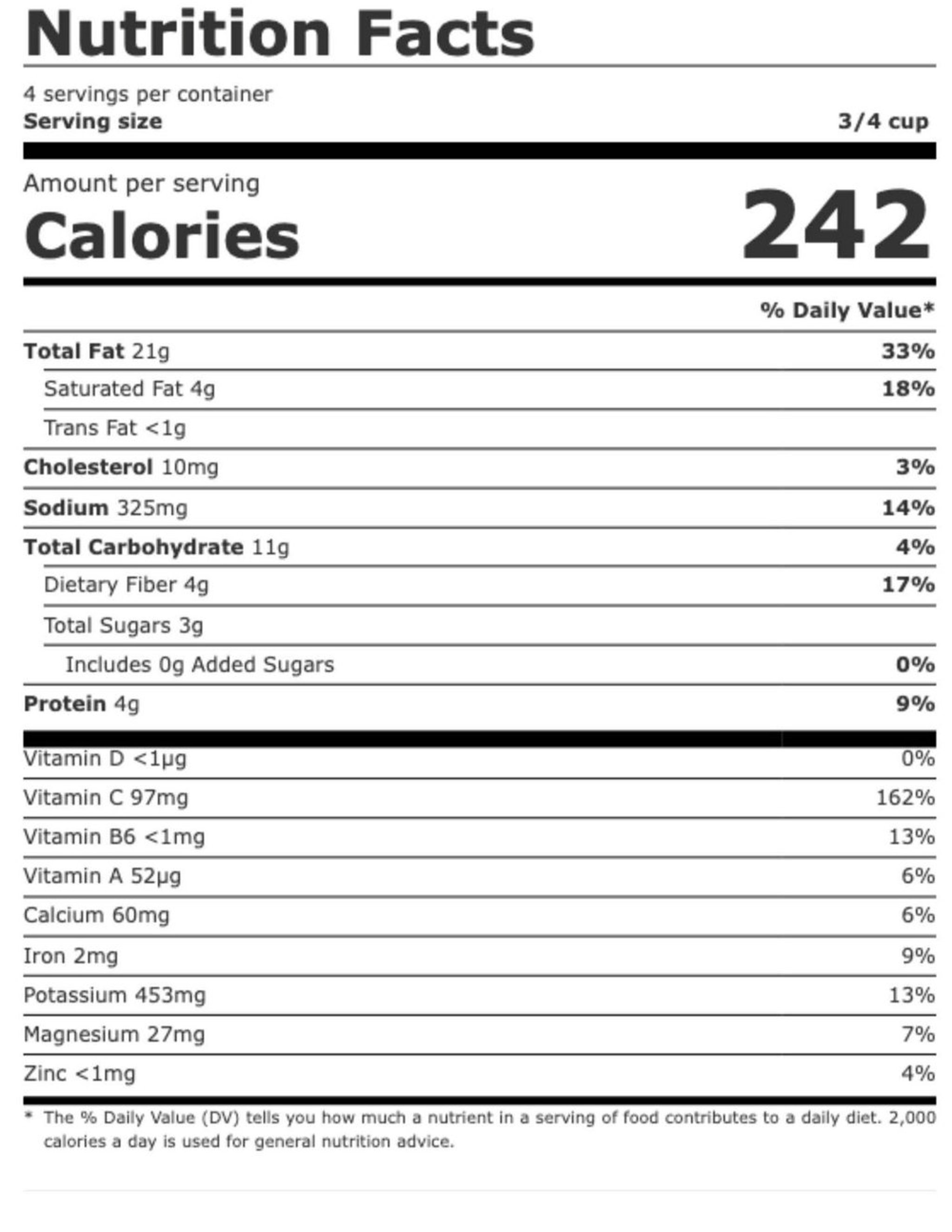 Nutrition facts for Pound of Veg (Brussels): 242 calories per serving, 4 servings per container, serving size 3/4 cup. Total fat 21g, saturated fat 4g, cholesterol 10mg, sodium 325mg, total carbohydrate 11g, protein 4g.