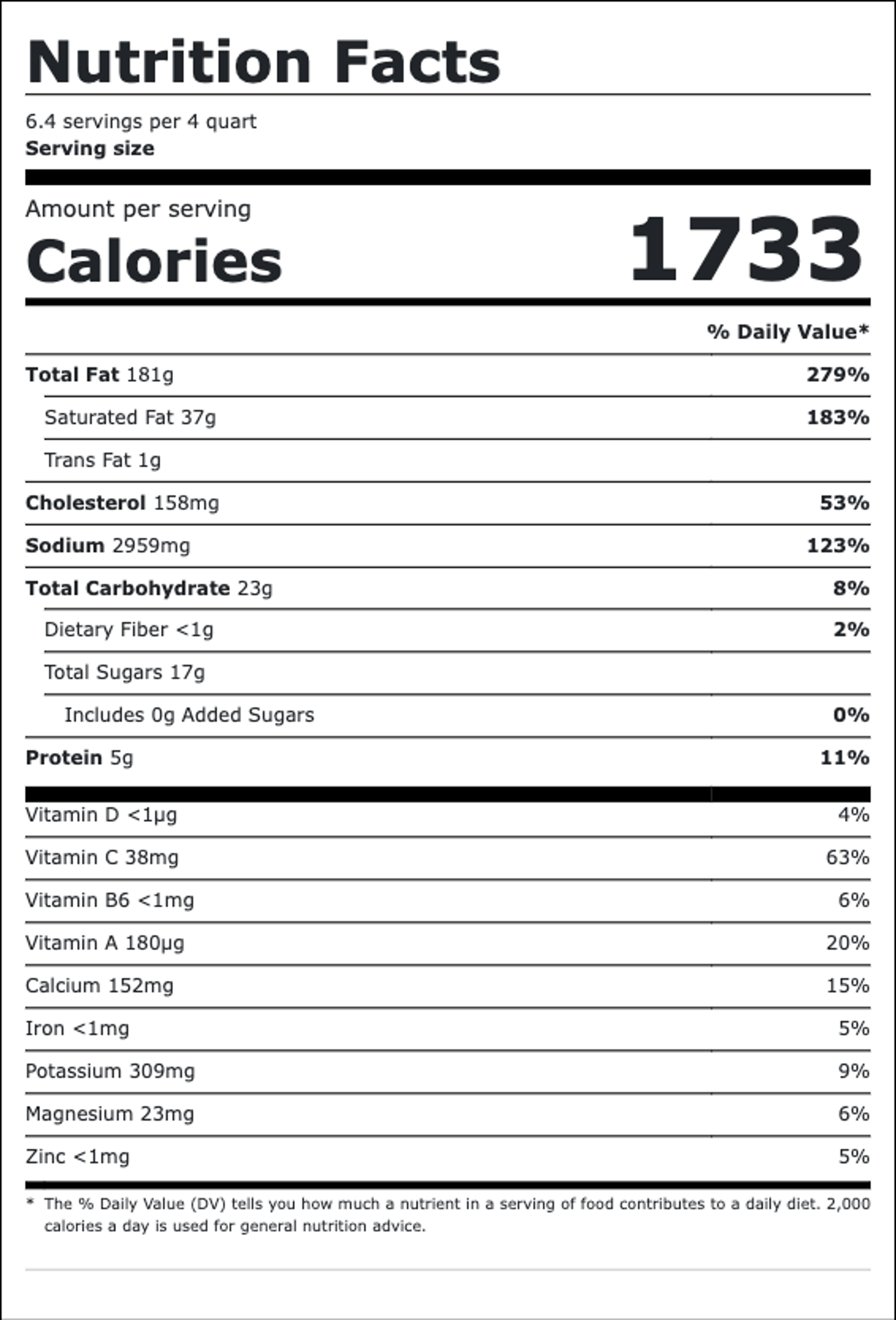 Nutrition facts for Spicy (Hot) Ranch 2.0: 1733 calories per serving, 6.4 servings per 4 quart. Total fat 181g, saturated fat 37g, trans fat 1g, cholesterol 158mg, sodium 2959mg, total carbohydrate 23g, protein 5g.
