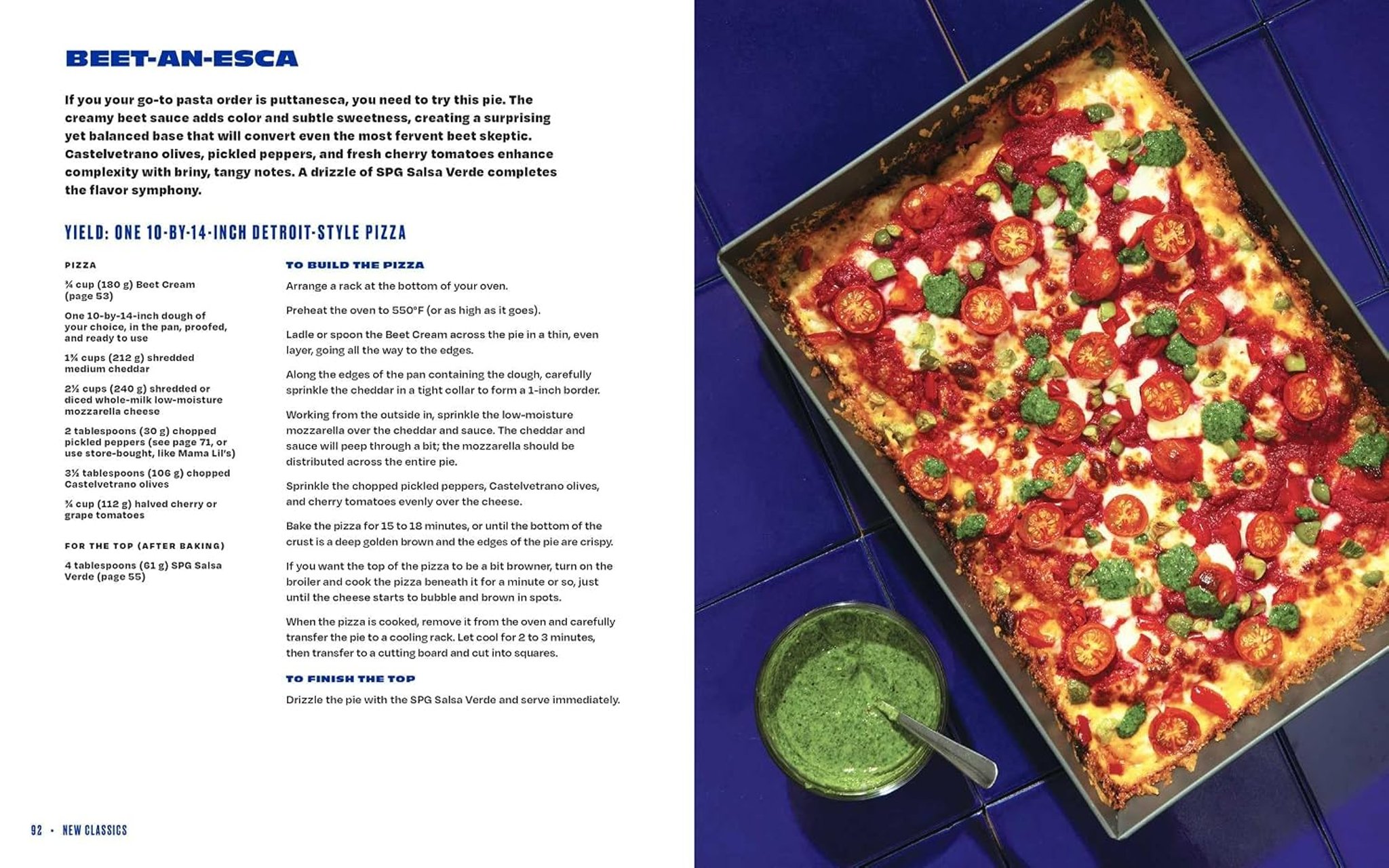 A page spread from the cookbook showing the Beet-an-esca pizza with beet cream, tomatoes, olives, and salsa verde, alongside the recipe.