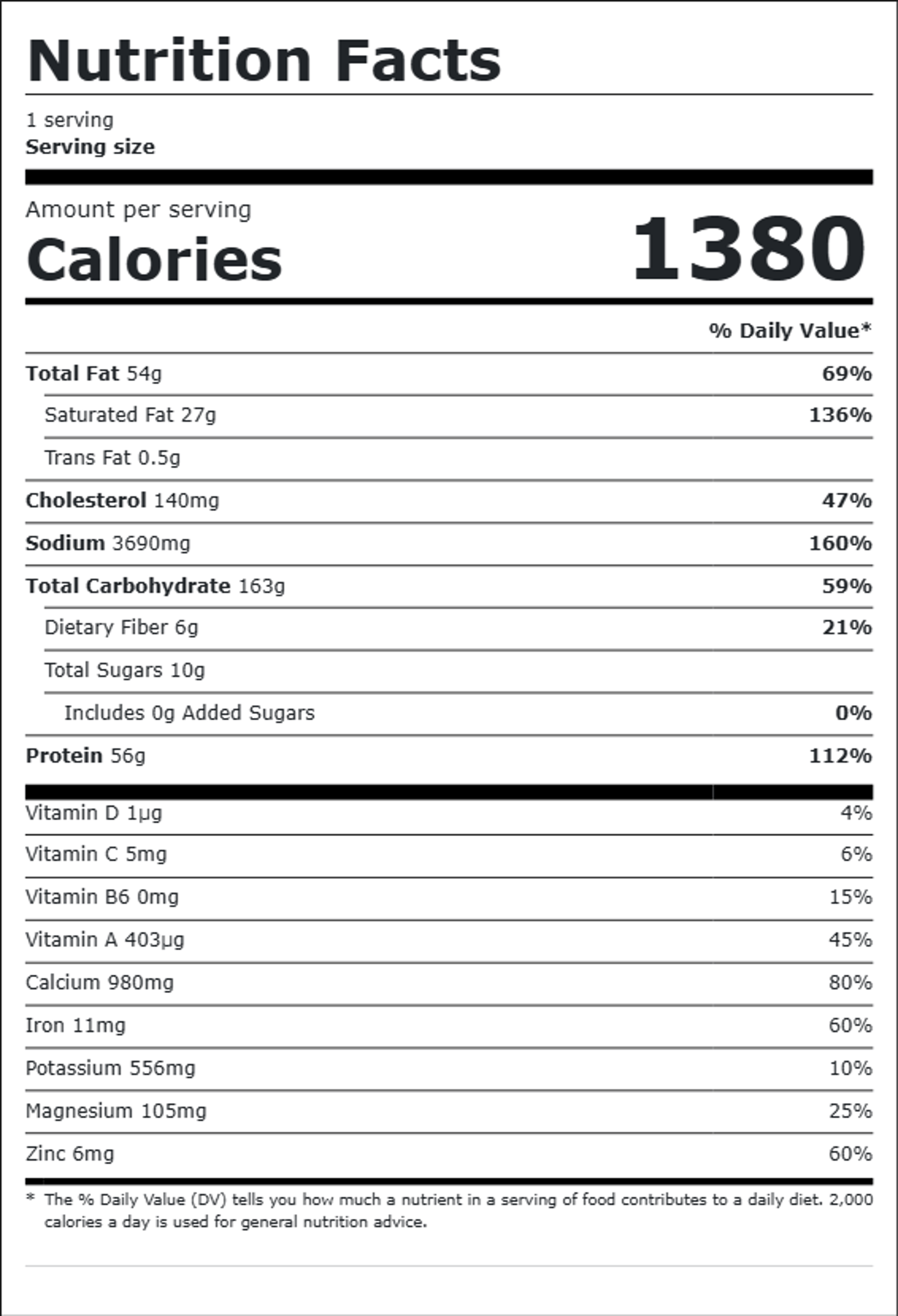 Nutrition facts for Hawaiian Pie 2.0: 1380 calories per serving, 1 serving. Total fat 54g, saturated fat 27g, trans fat 0.5g, cholesterol 140mg, sodium 3690mg, total carbohydrate 163g, protein 56g.