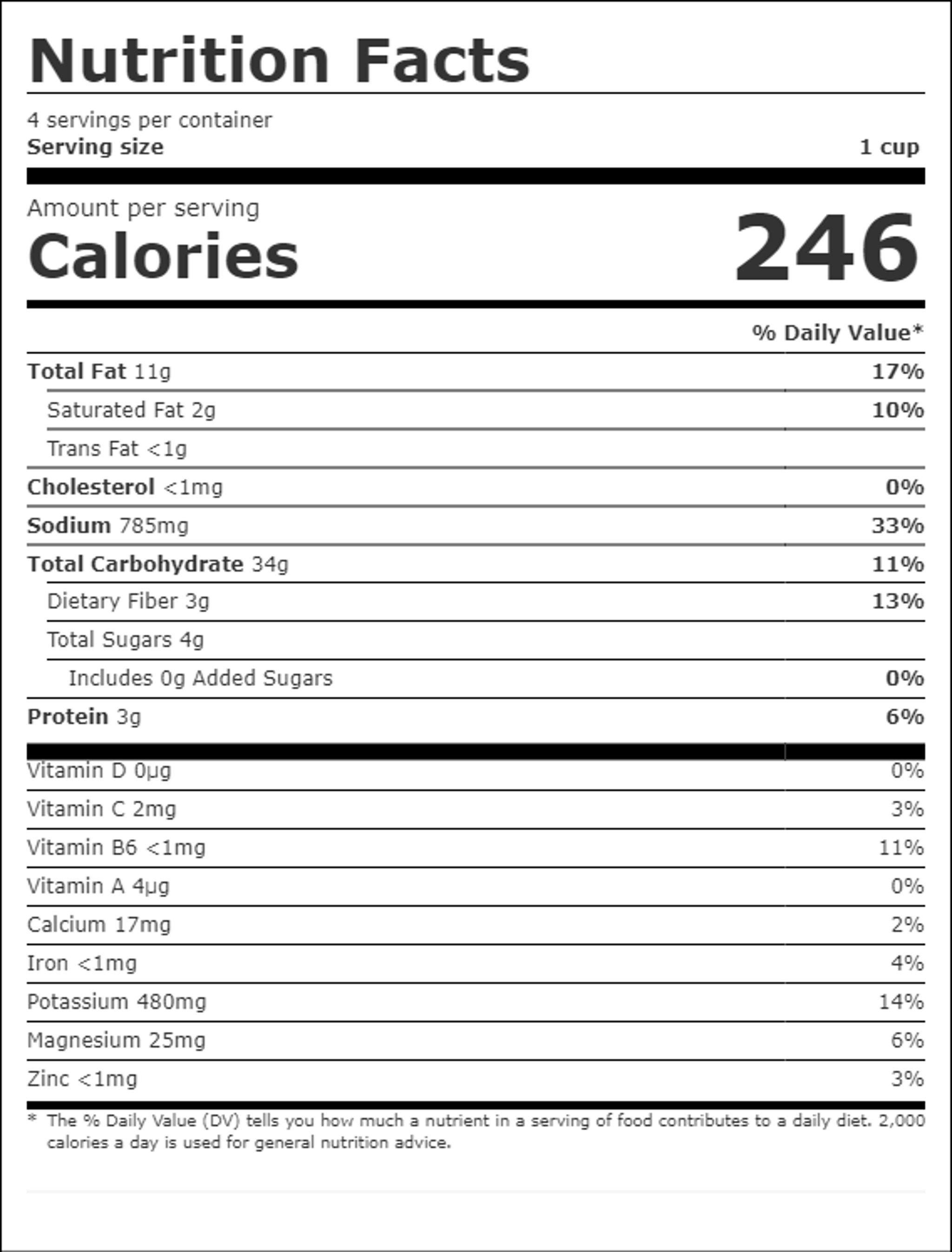 Nutrition facts for Kale Caesar: 246 calories per serving, 4 servings per container, serving size 1 cup. Total fat 11g, saturated fat 2g, cholesterol less than 1mg, sodium 785mg, total carbohydrate 34g, protein 3g.