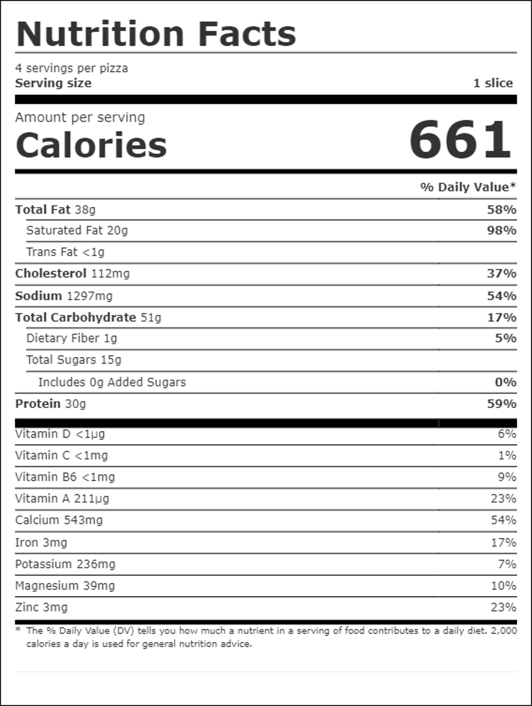 Nutrition facts for Big Von Pizza: 661 calories per serving, 4 servings per pizza, serving size 1 slice. Total fat 38g, saturated fat 20g, cholesterol 112mg, sodium 1297mg, total carbohydrate 51g, protein 30g.