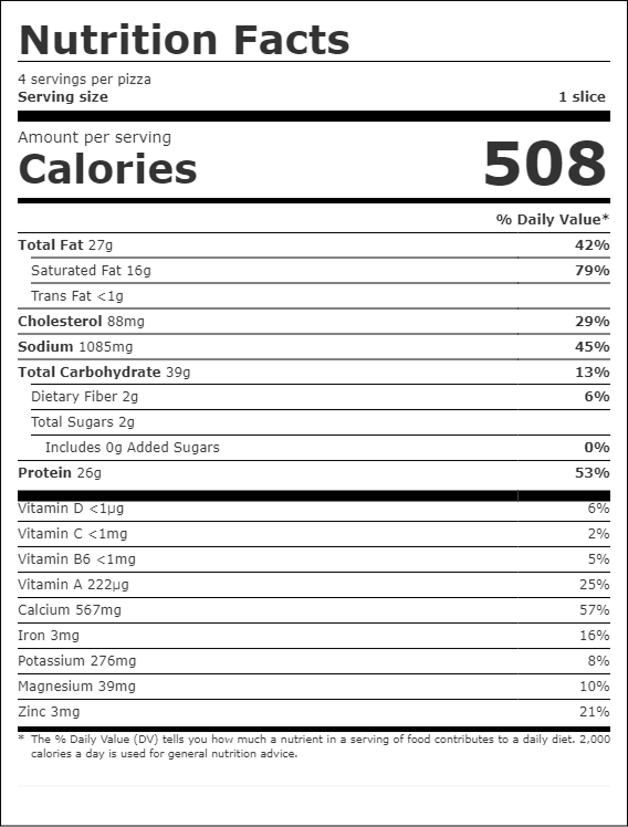 Nutrition facts for How Mush-Room Pizza: 508 calories per serving, 4 servings per pizza, serving size 1 slice. Total fat 27g, saturated fat 16g, cholesterol 88mg, sodium 1085mg, total carbohydrate 39g, protein 26g.