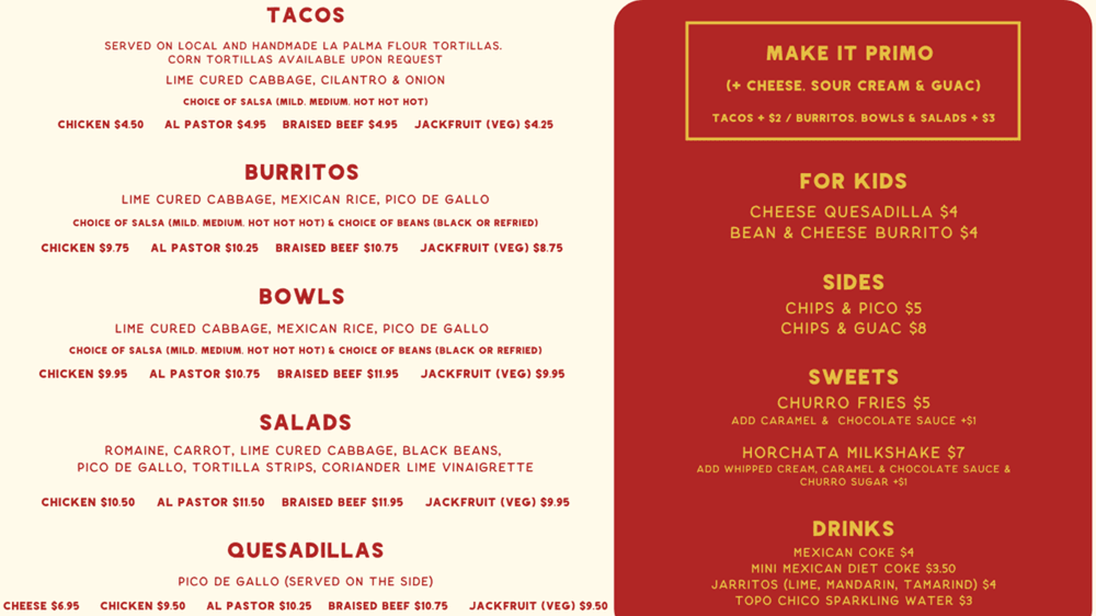Taco Primo Fillmore St. menu — tacos, burritos, bowls, salads, quesadillas, kids meals, sides, sweets and drinks