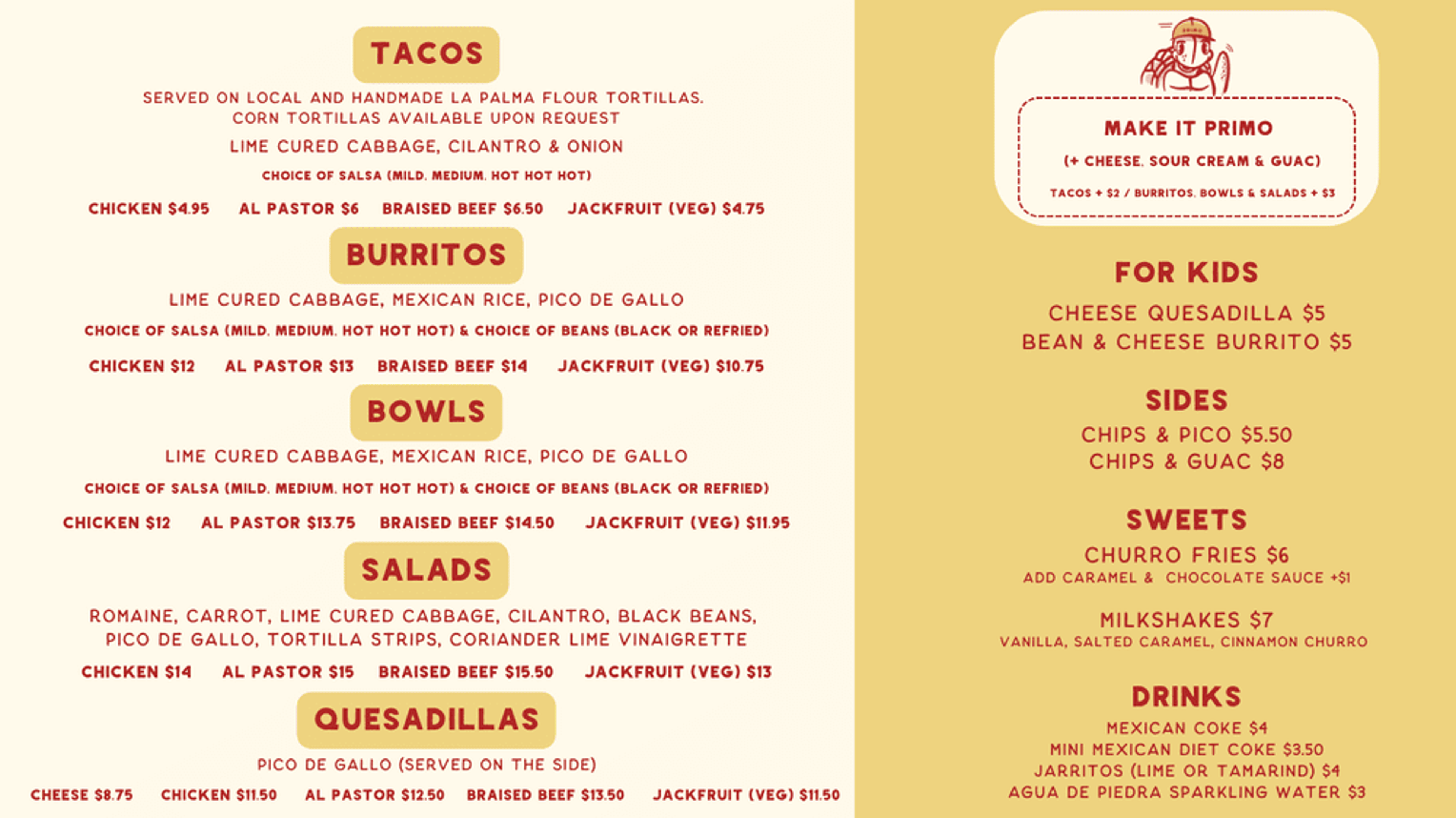 Taco Primo breakfast menu — tacos, burritos, bowls and add-ons