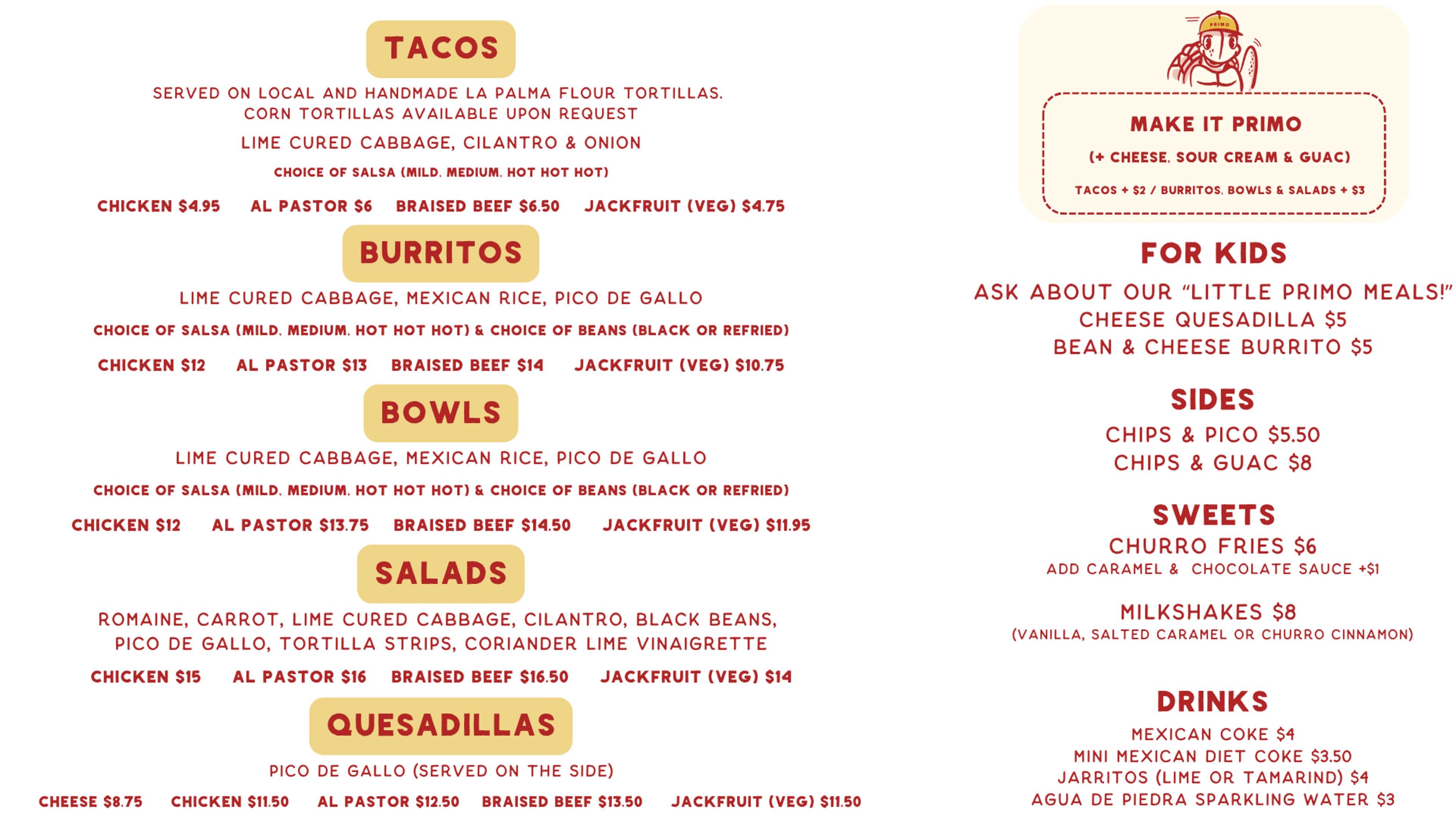 Taco Primo lunch and dinner menu — tacos, burritos, bowls, salads, quesadillas, sides, sweets, and drinks