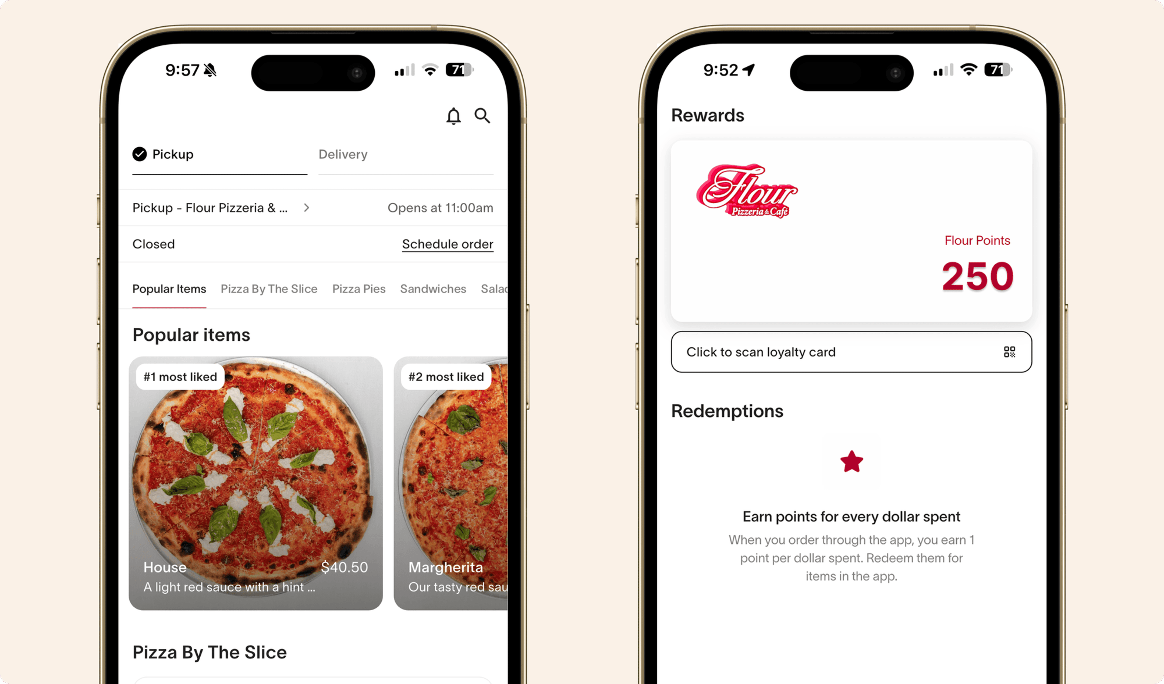 Flour mobile app screens showing menu and rewards