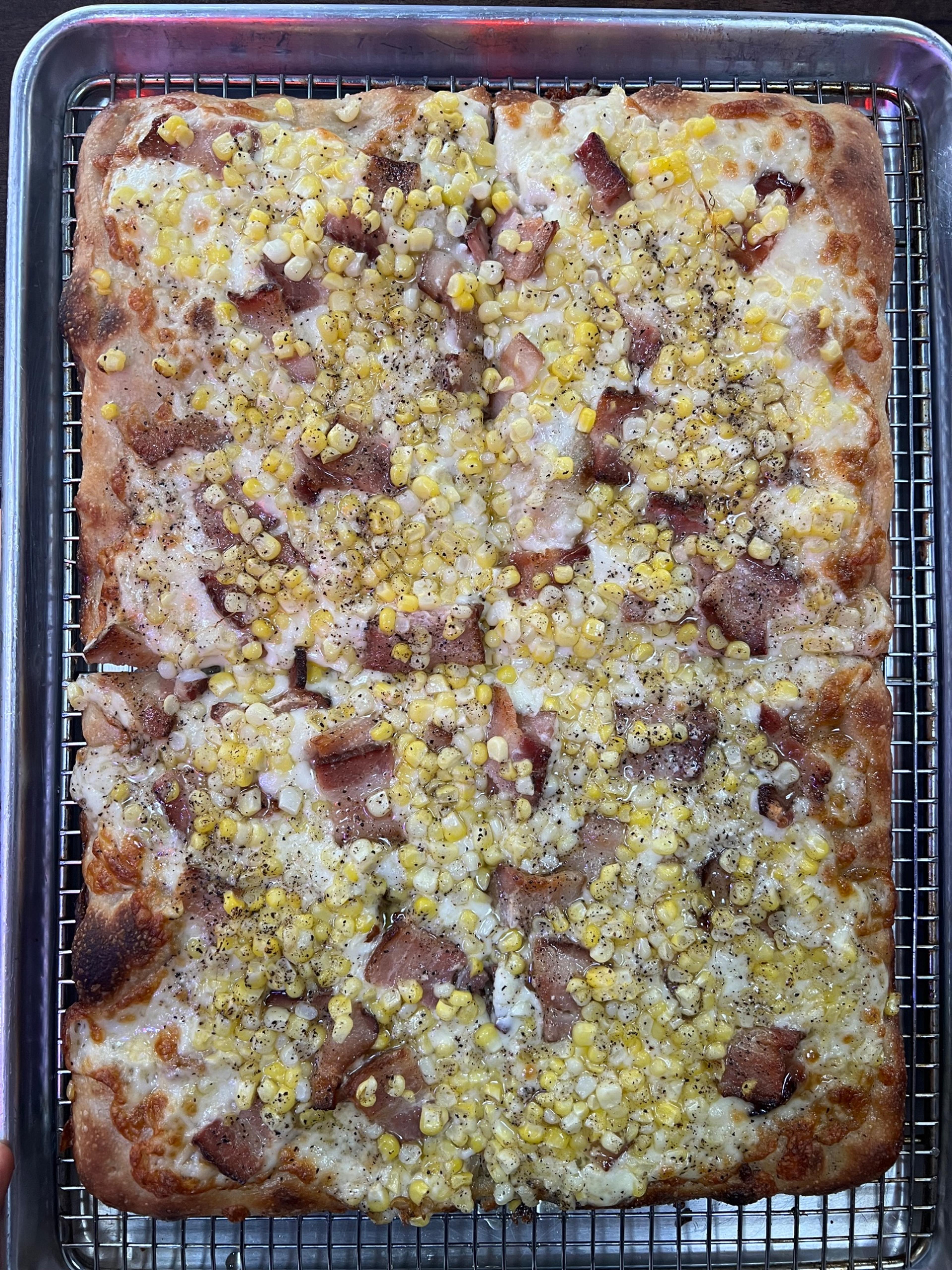 Dtown Pizzeria corn and bacon square pizza