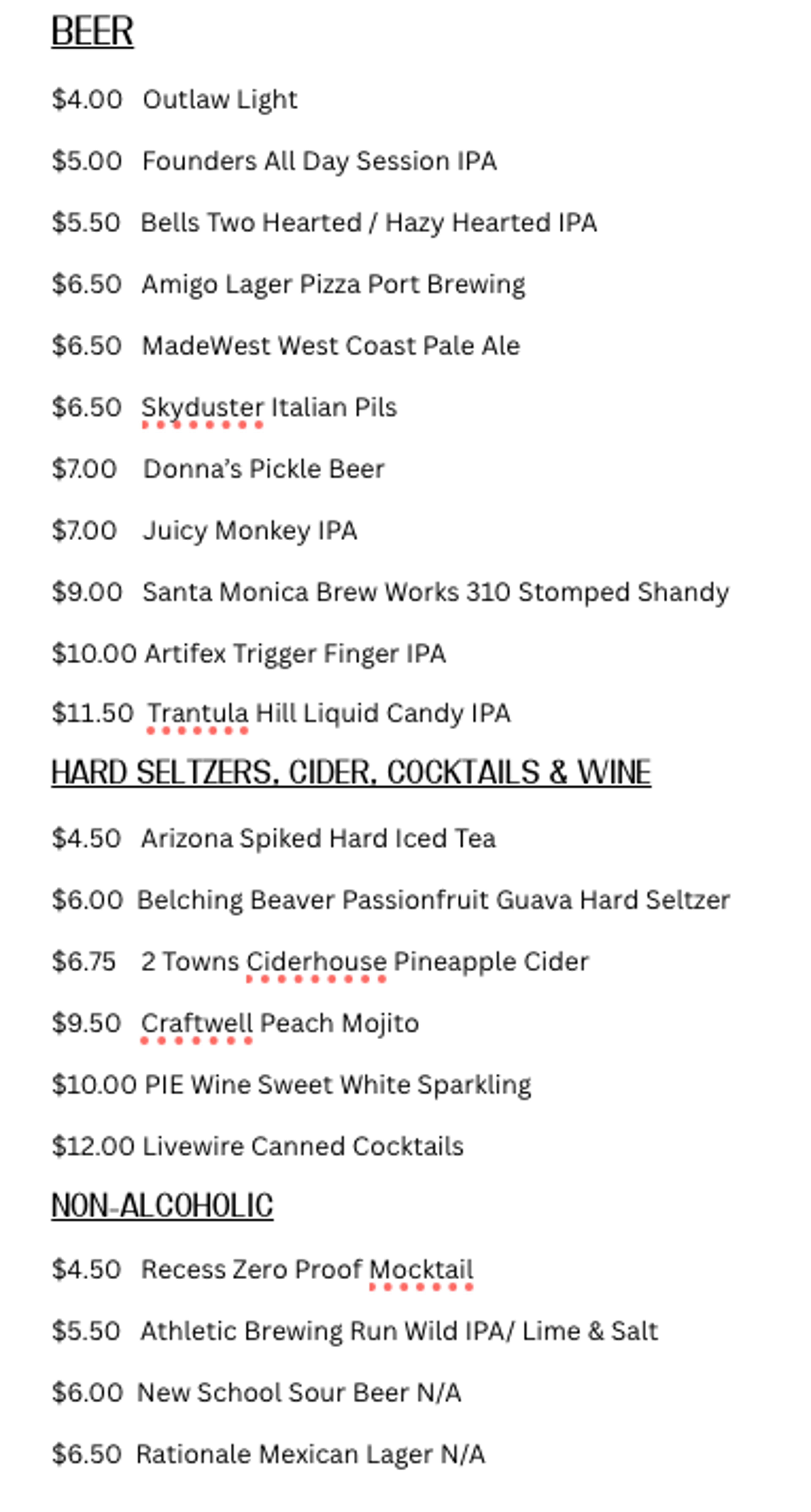 Dtown Pizzeria beer, hard seltzers, cocktails, wine, and non-alcoholic drink menu with prices