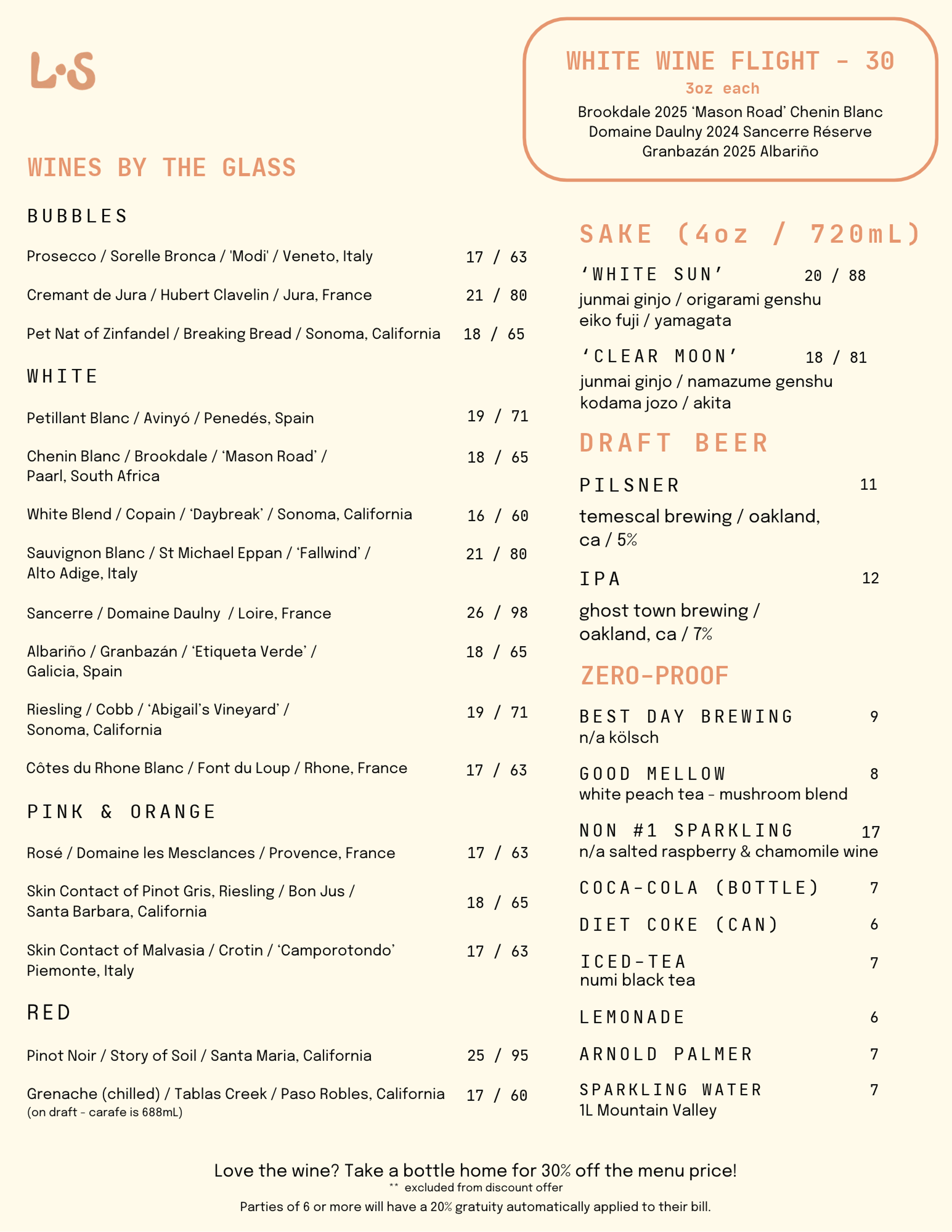 Little Shucker beverage menu: wines by the glass including bubbles, white, pink and orange, and red selections, white wine flight, sake, draft beer, and zero-proof drinks.