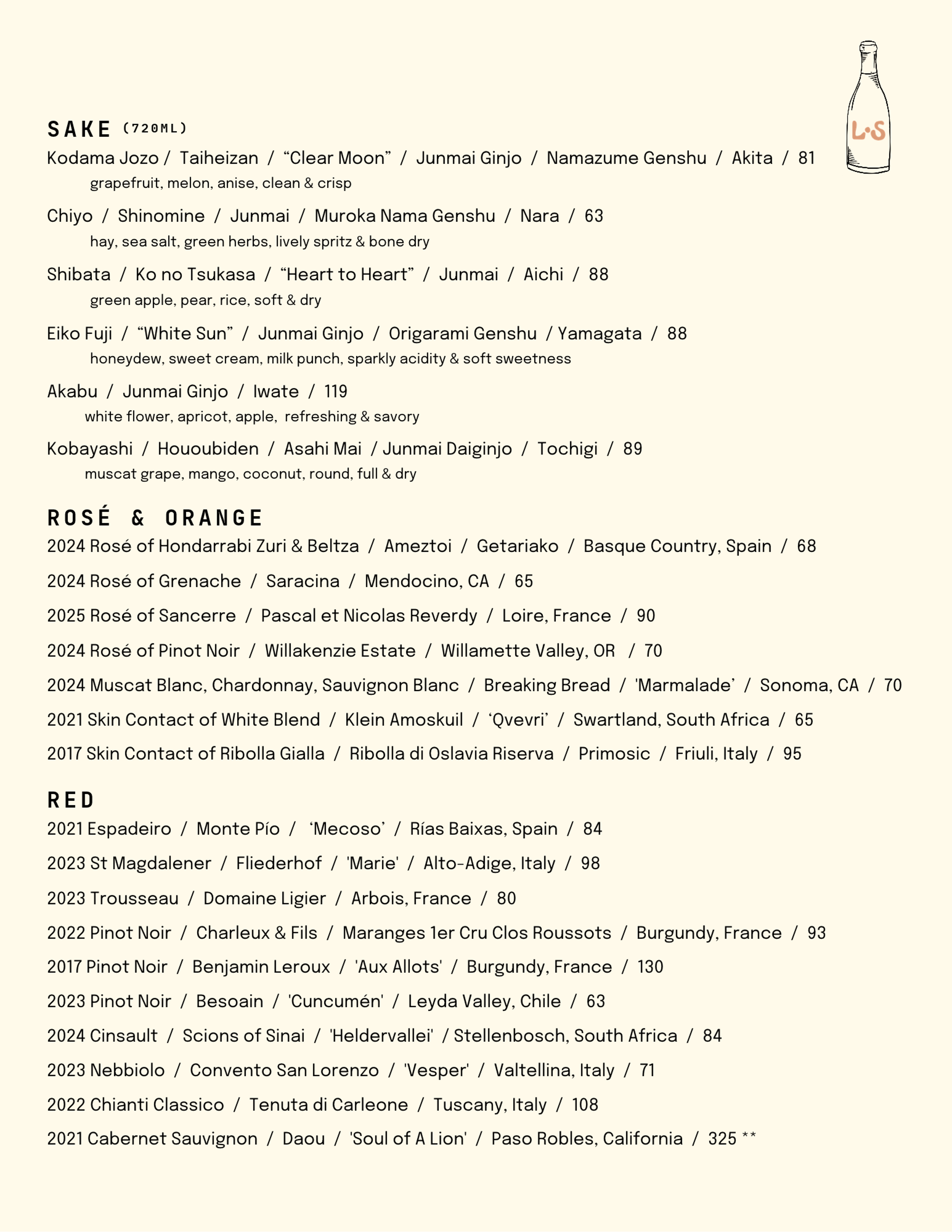 Little Shucker bottle list: sake (720ml) with tasting notes, rosé and orange wines, and red wines by the bottle.