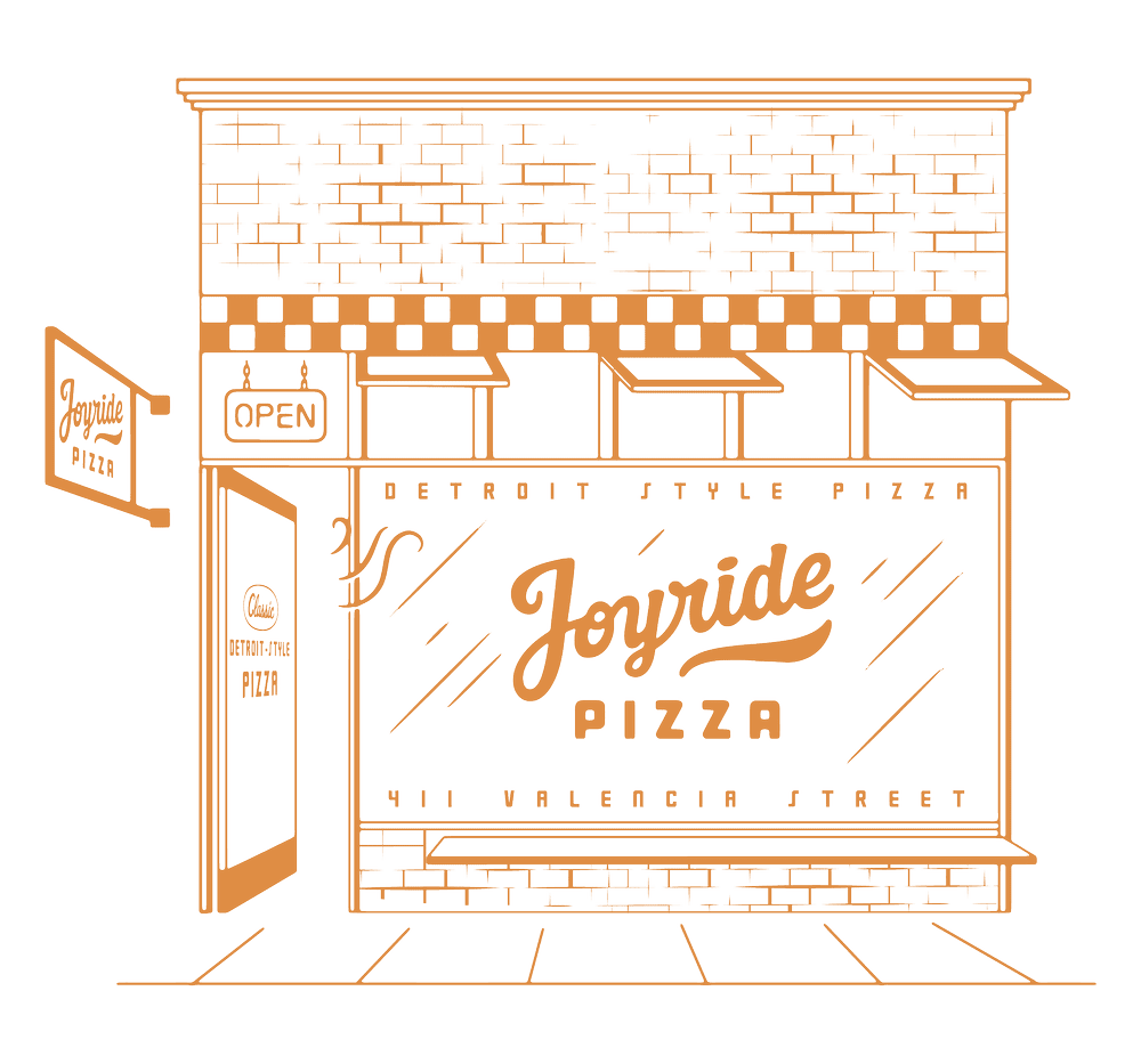 Illustration of oldschool storefront with the name "Joyride Pizza" on the facade glass.