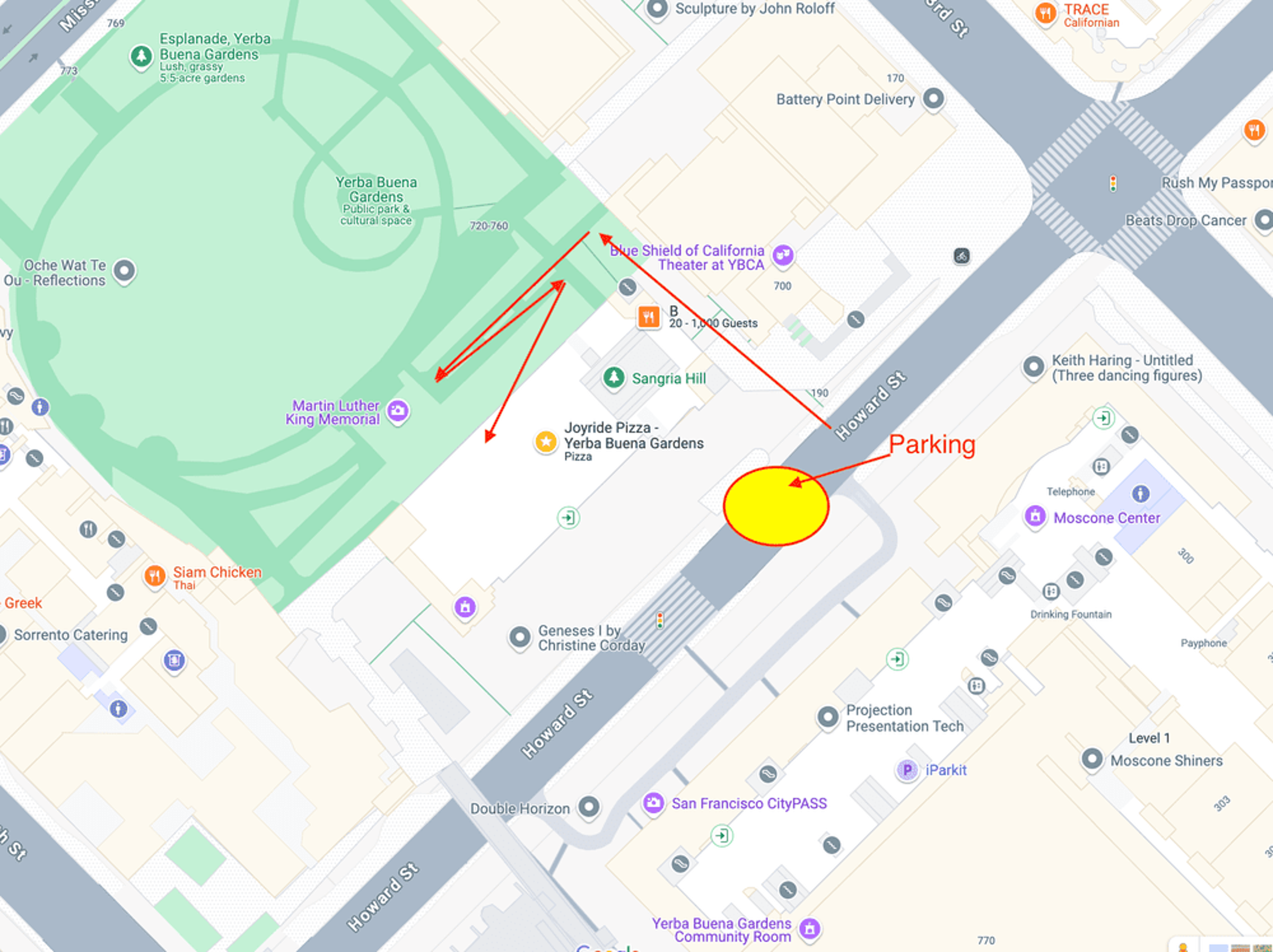 Delivery route map for large load-ins to Joyride Pizza at Yerba Buena Gardens