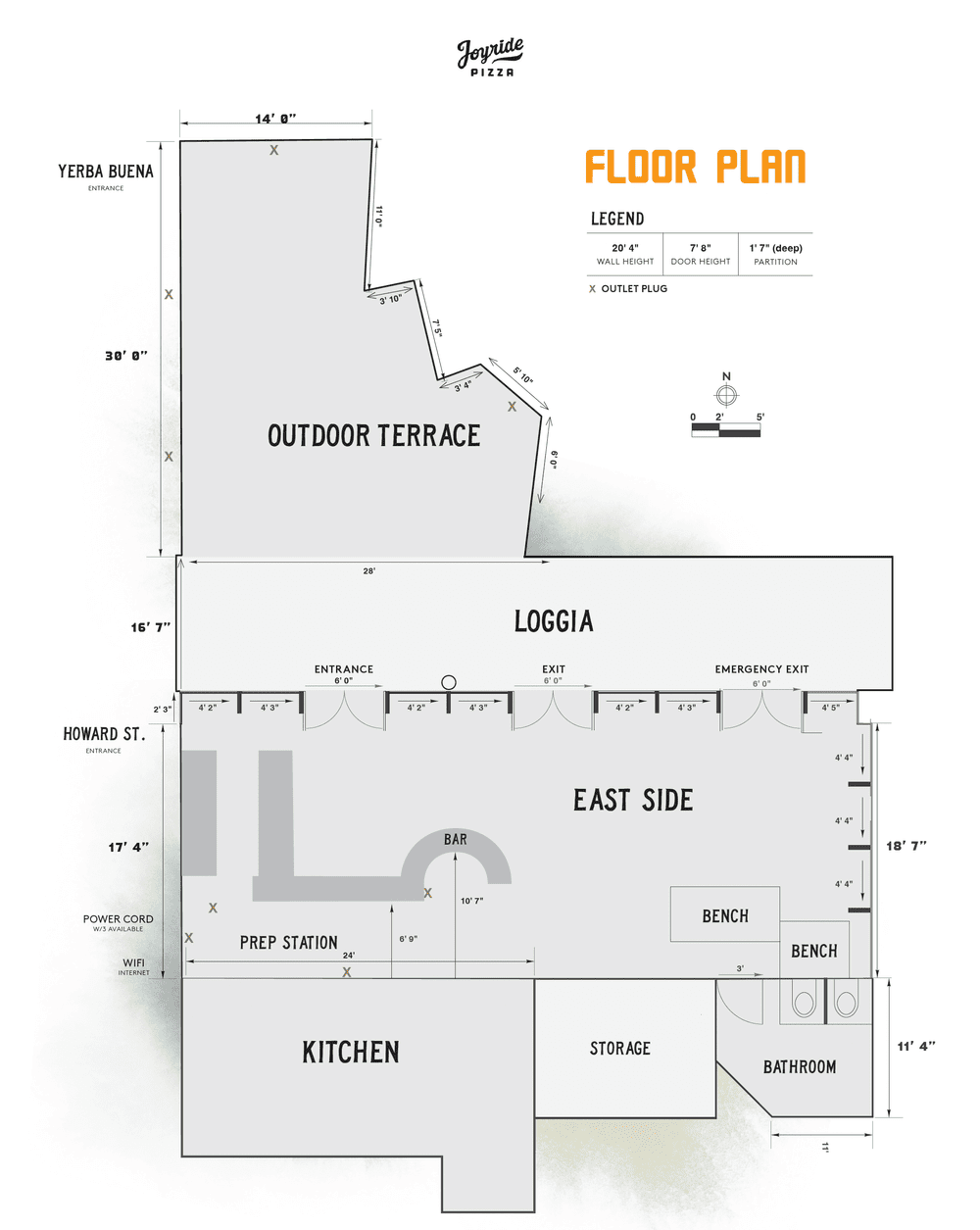 Yerba Buena Gardens venue floor plan with outdoor terrace, loggia, east side and kitchen areas