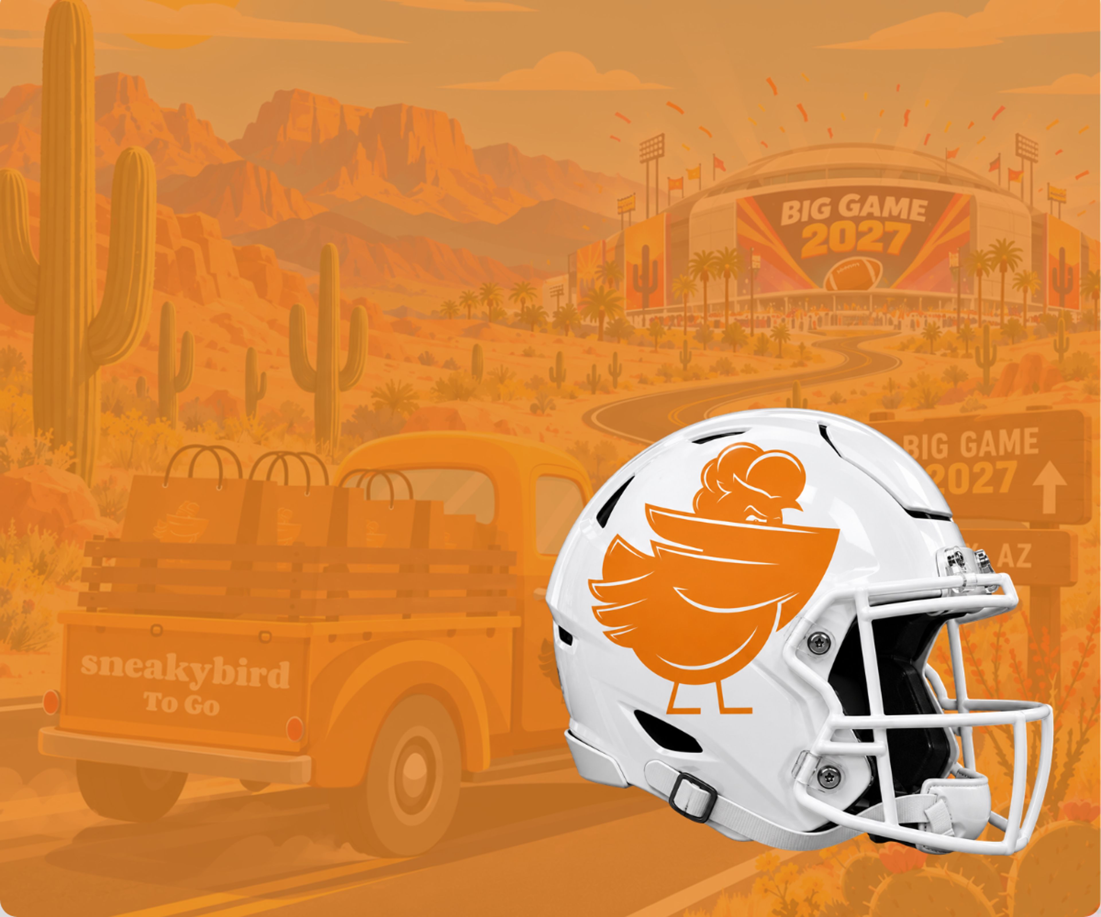 sneakybird football helmet in front of a desert road to the Big Game 2027