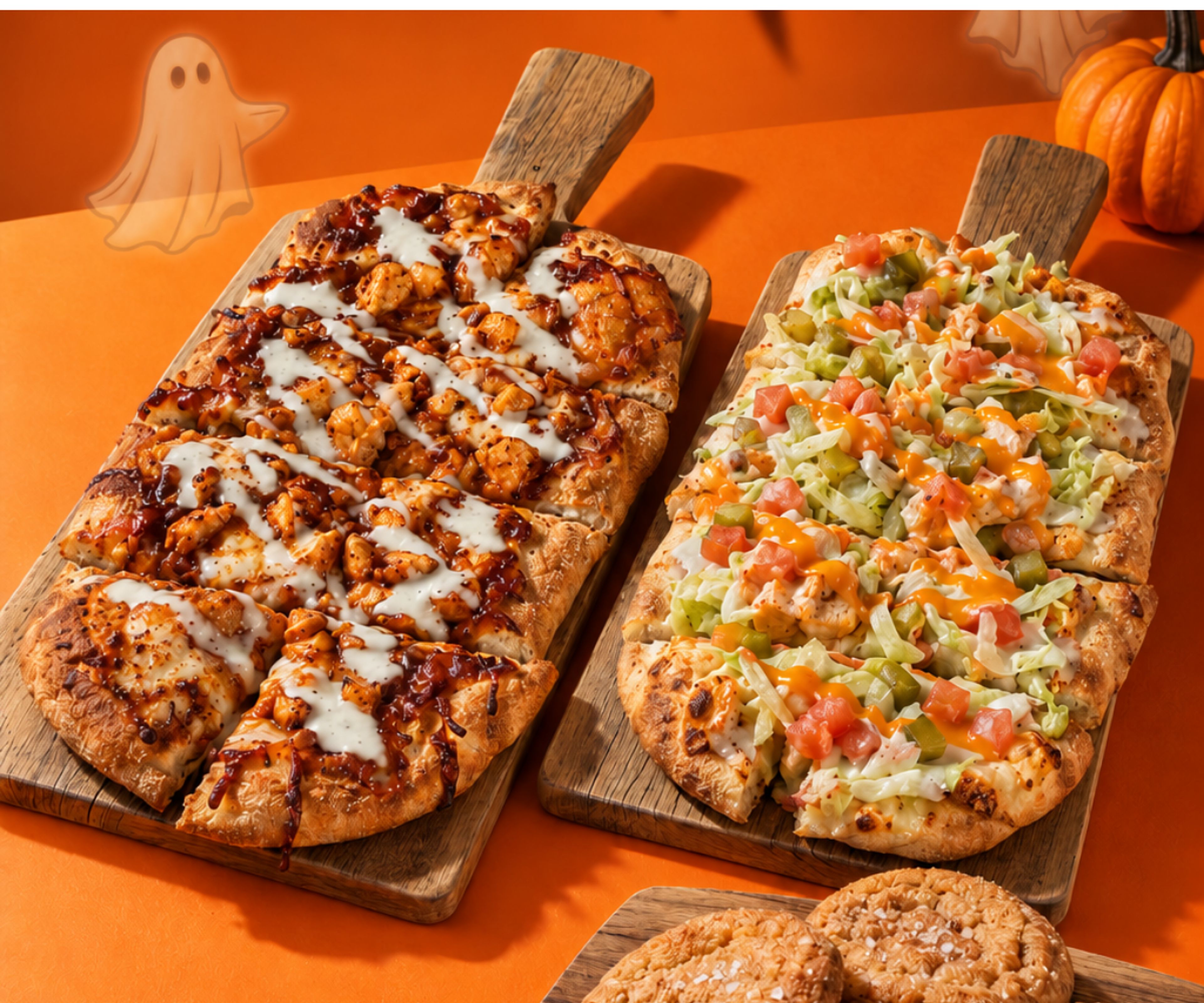 Two flatbreads on wooden boards with cookies on an orange Halloween backdrop