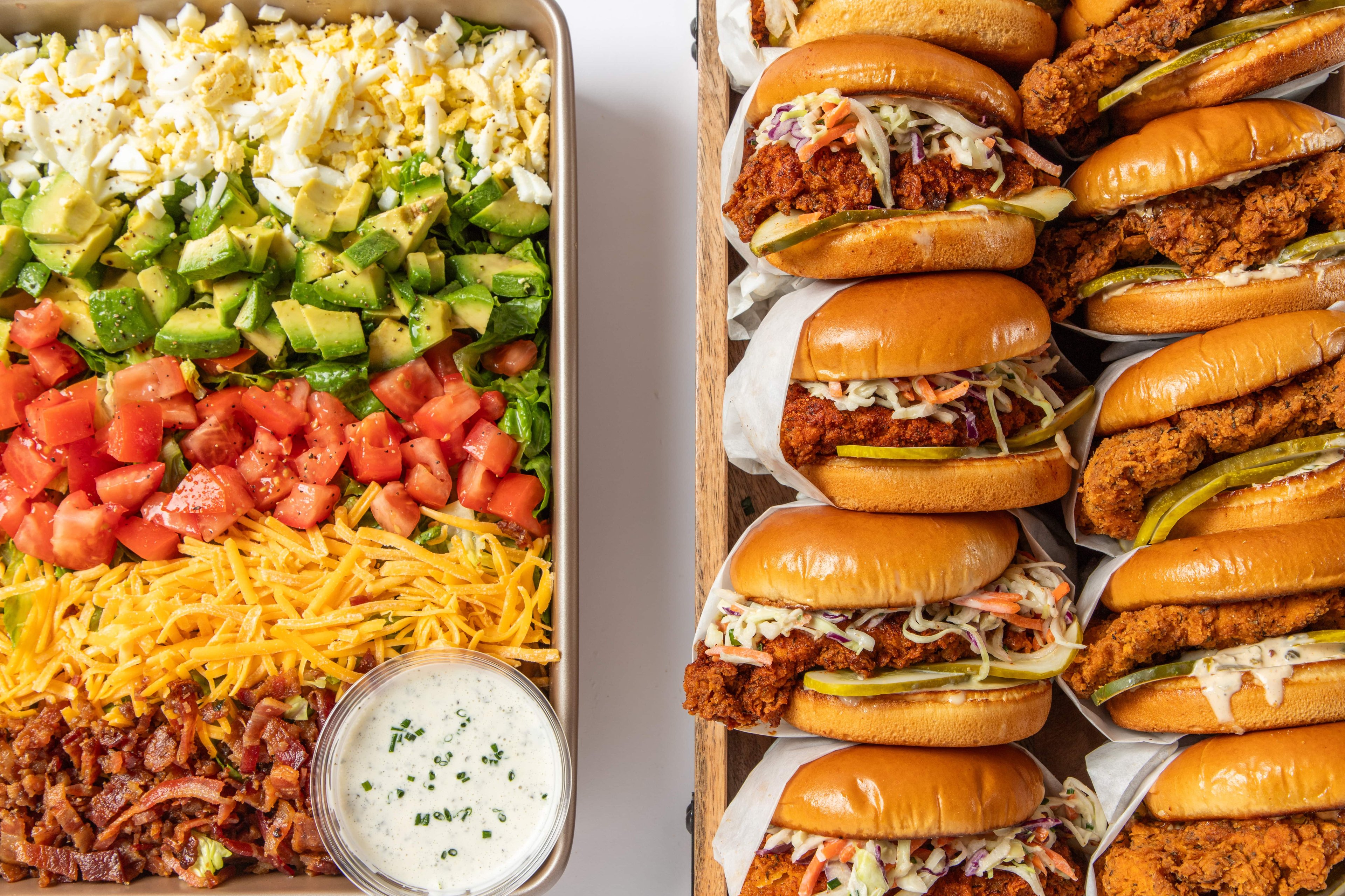 Bruxie catering spread with chicken and waffles