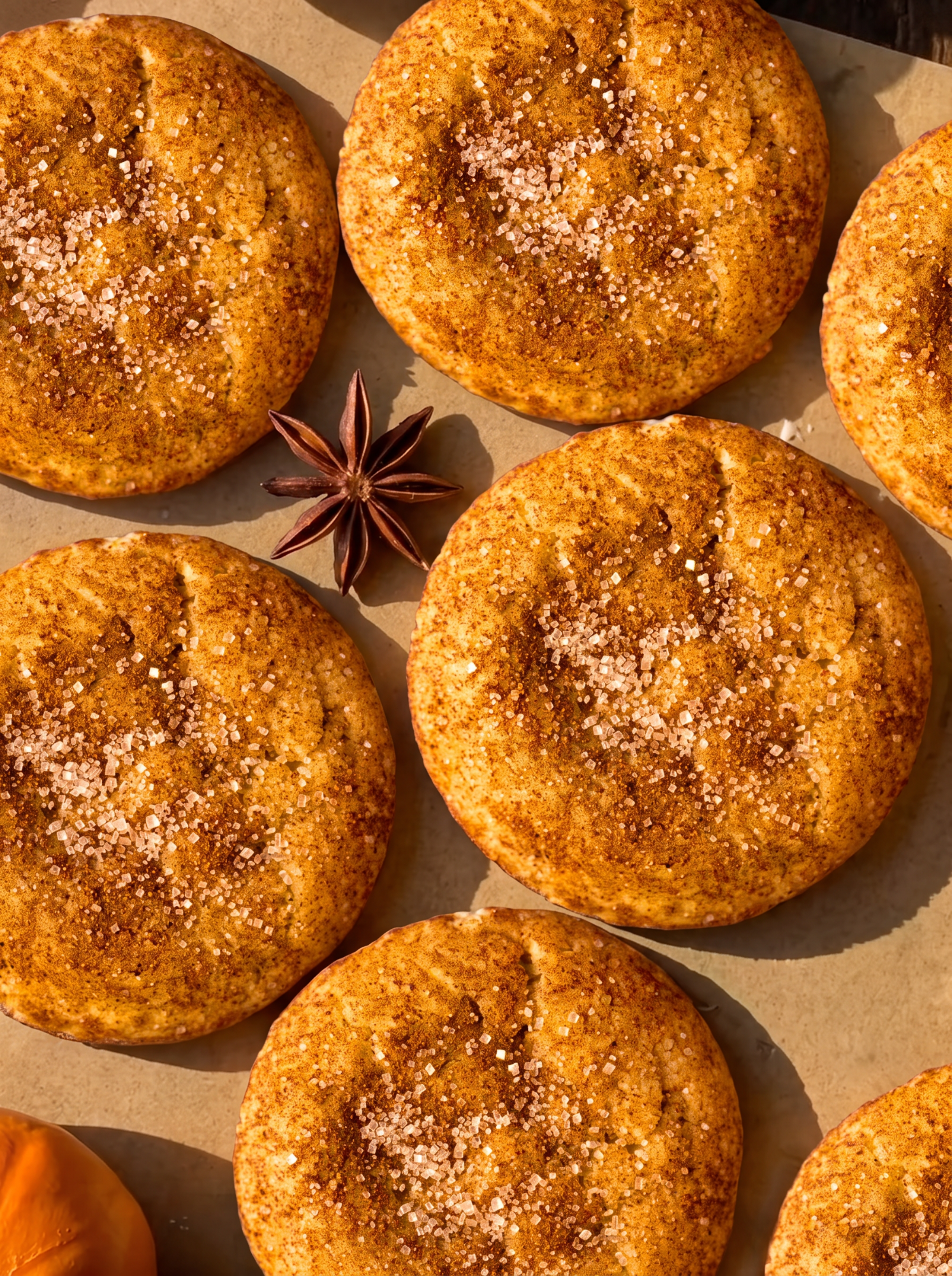 Pumpkin Spice Cookies dusted with cinnamon sugar, with a star anise