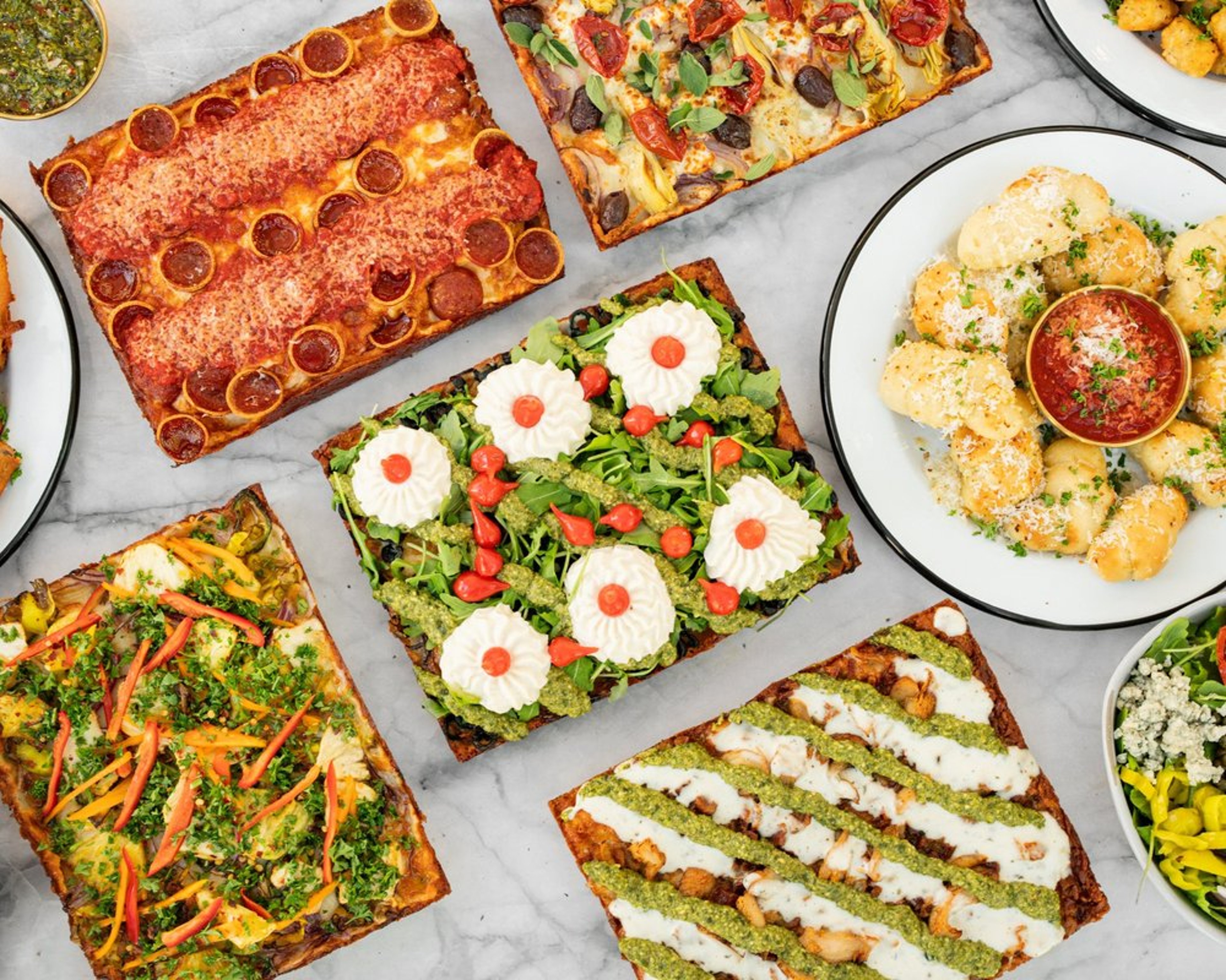 An assortment of Joyride Detroit-style pizzas