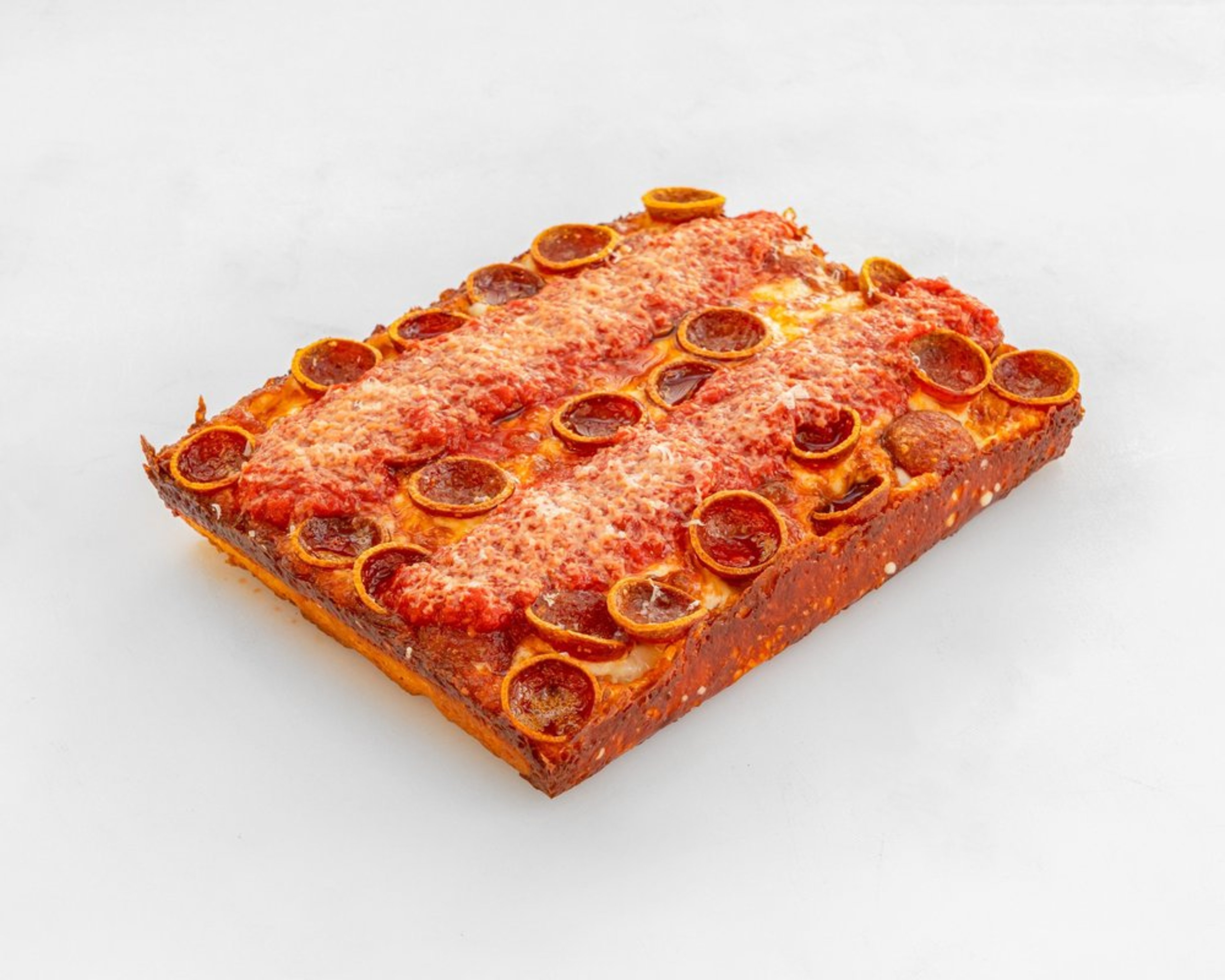 YOLO ’Roni Pepperoni Detroit-style pizza topped with pepperoni and red sauce