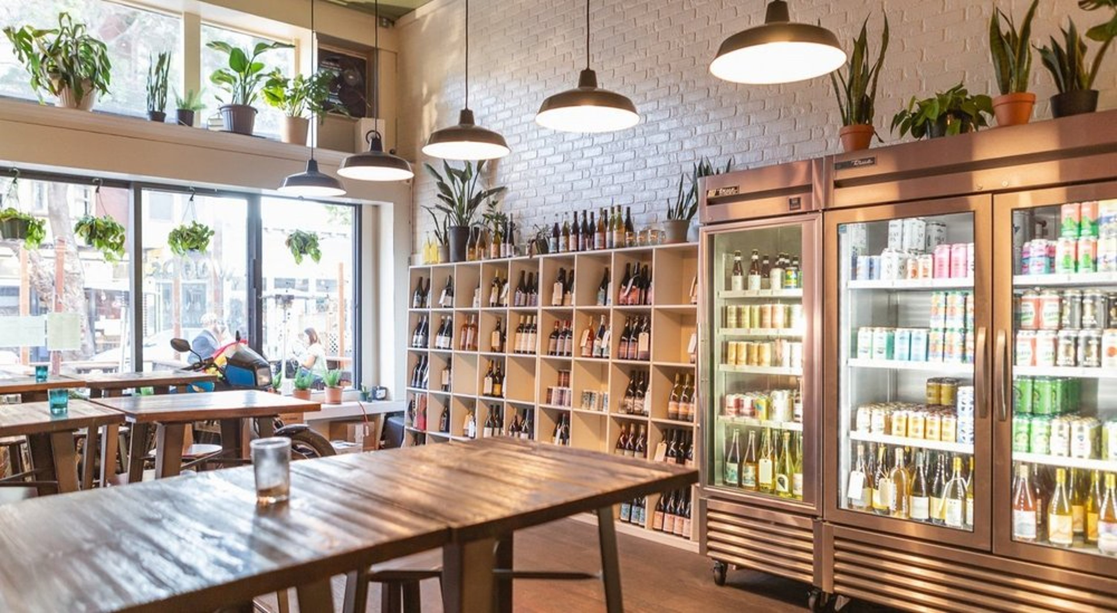 A cozy store interior with wooden tables and shelves filled with bottles. Refrigerators on the right display canned beverages. Natural light filters in through large windows adorned with hanging plants. Ceiling lights illuminate the space.