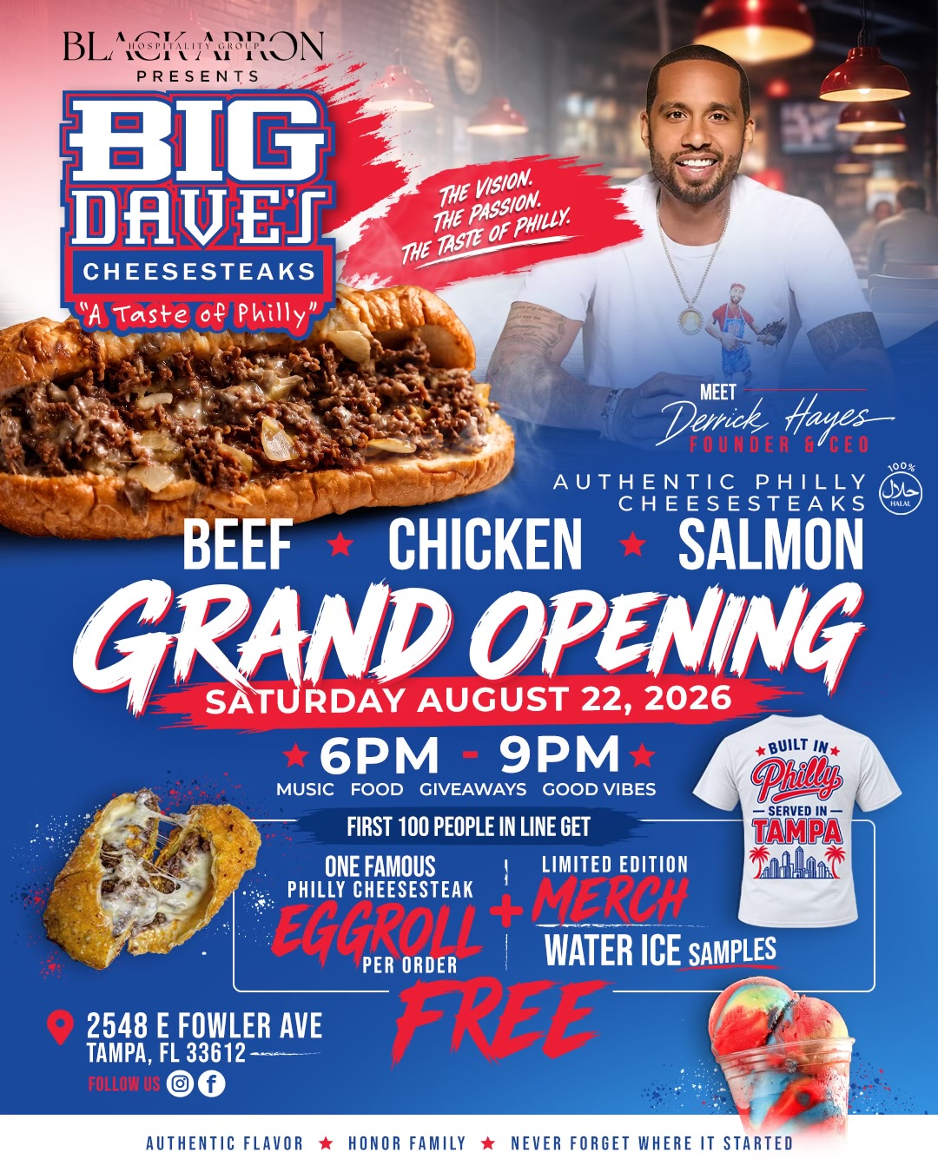Big Dave's Cheesesteaks Tampa Grand Opening announcement — Saturday, August 22, 2026, 6PM to 9PM, 2548 E Fowler Ave, Tampa, FL 33612