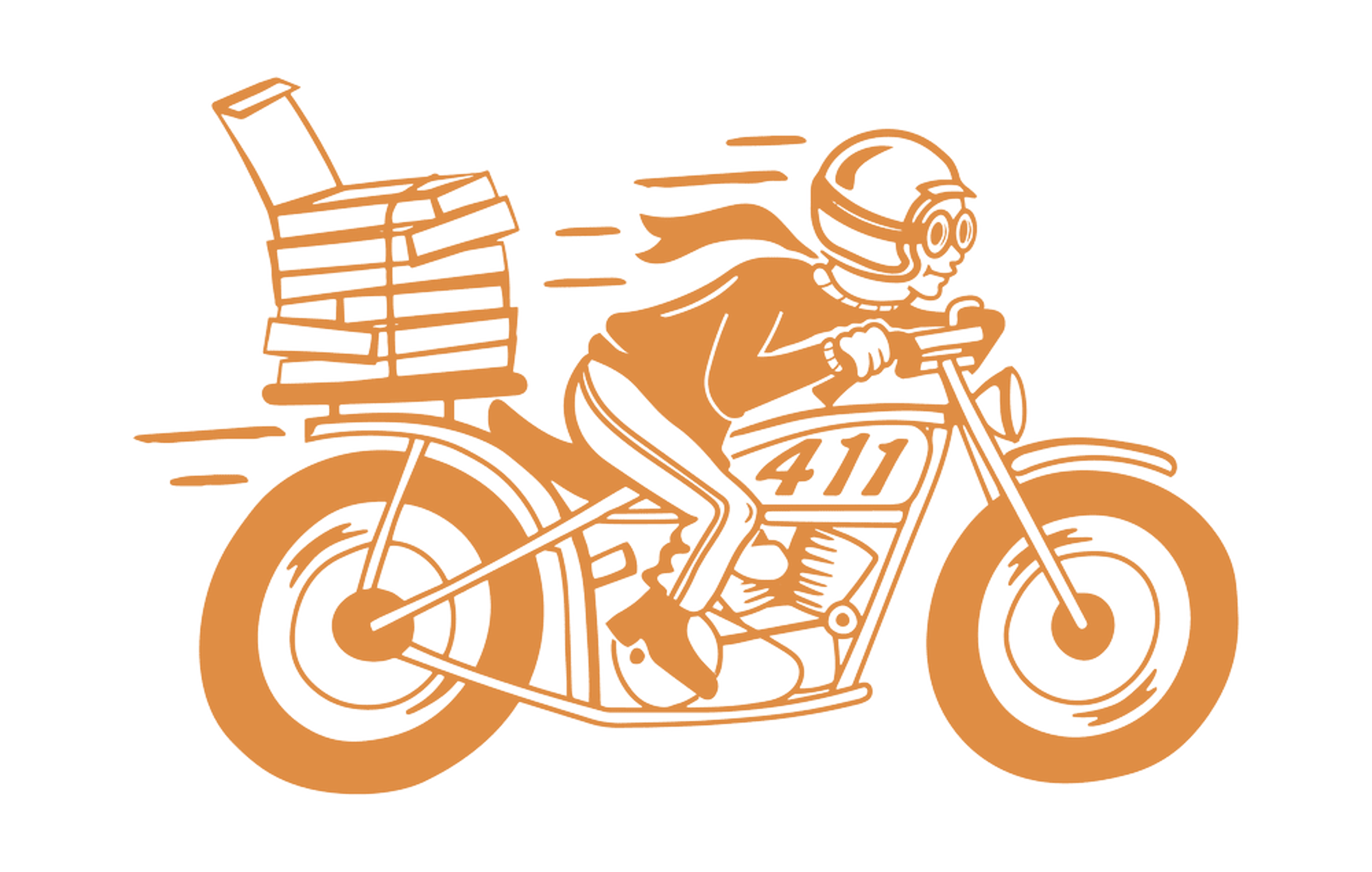 Illustration of a Joyride Pizza delivery rider on a motorcycle stacked with pizza boxes