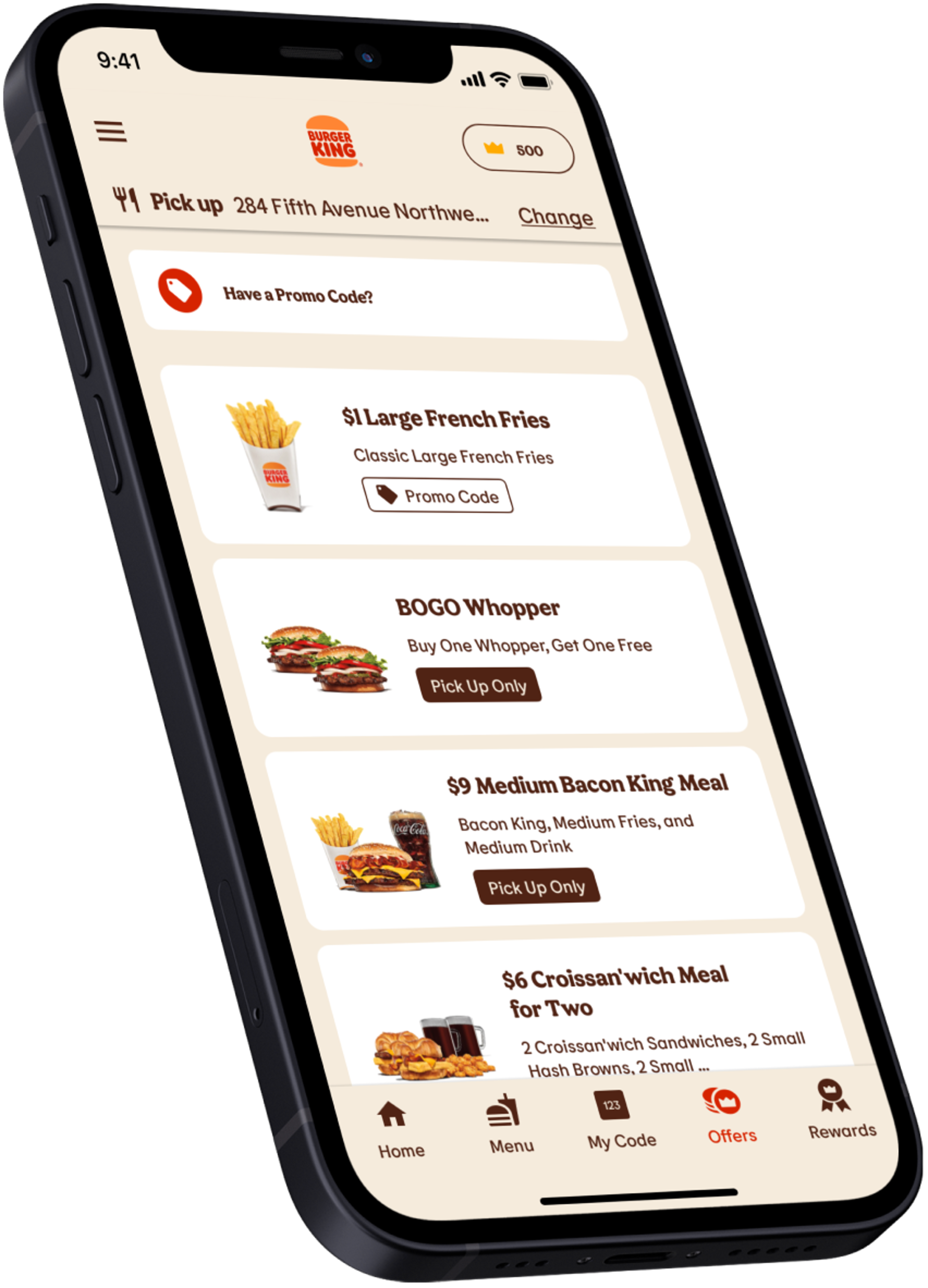 Burger King app showing offers