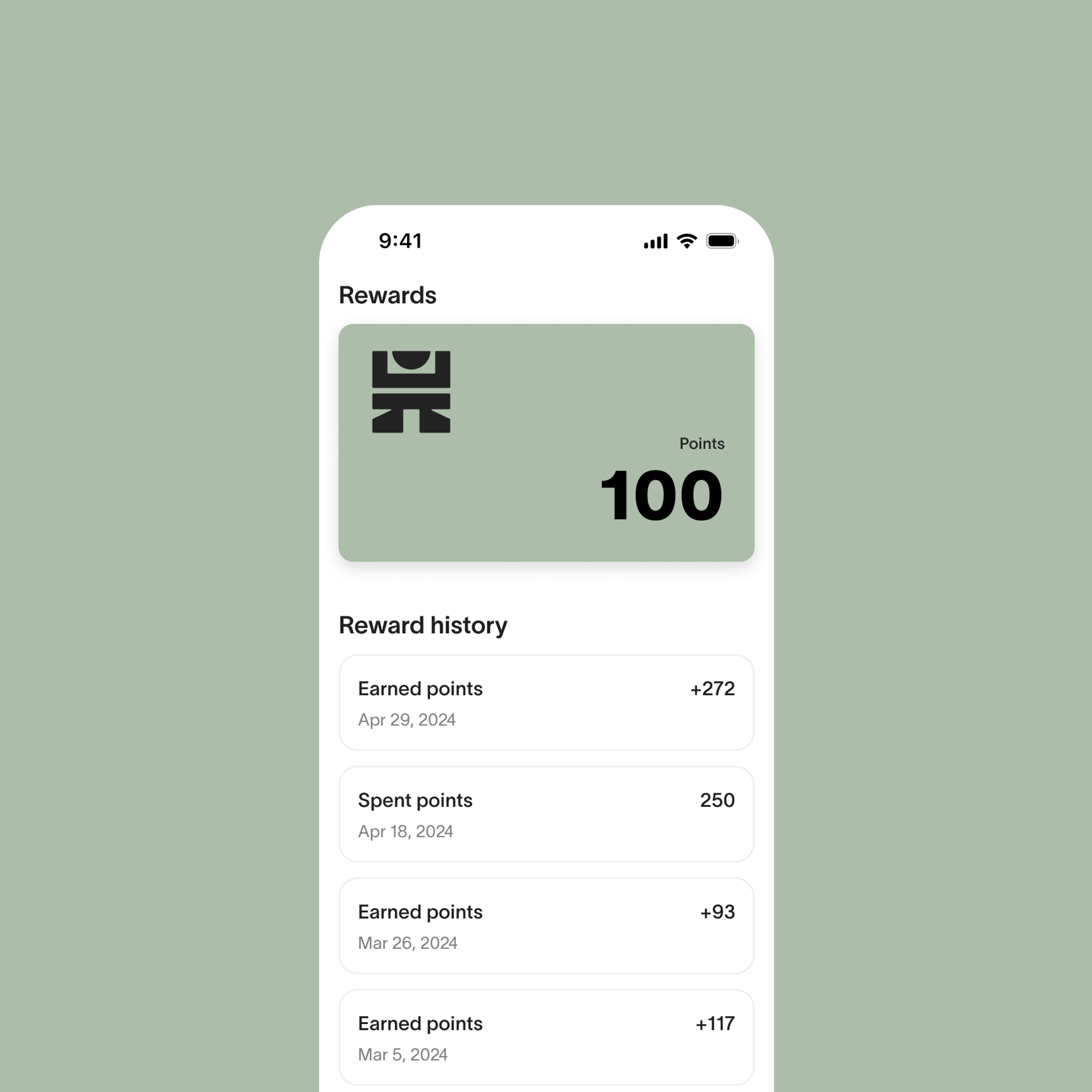 Photo of a phone showing LOQUI's rewards page in its app with reward history.